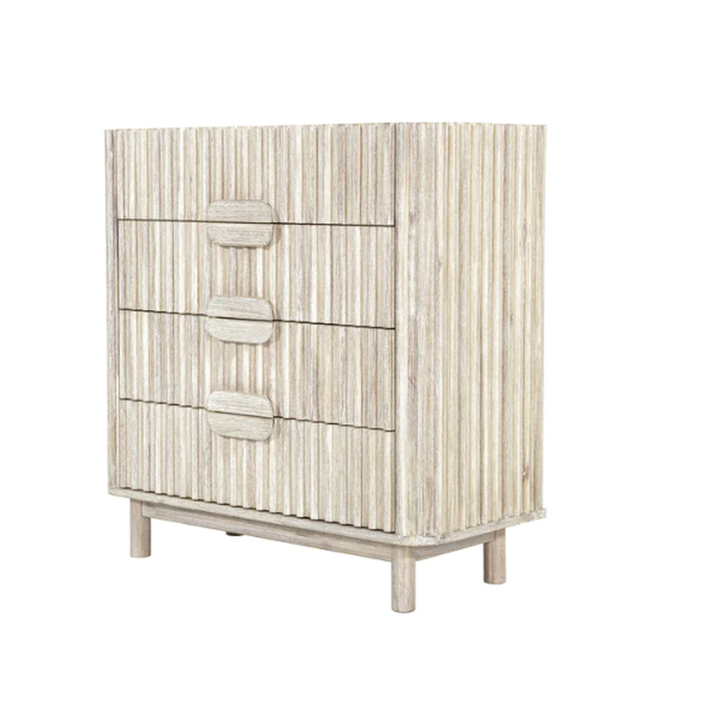 Wooden dresser with vertical slats on a white background