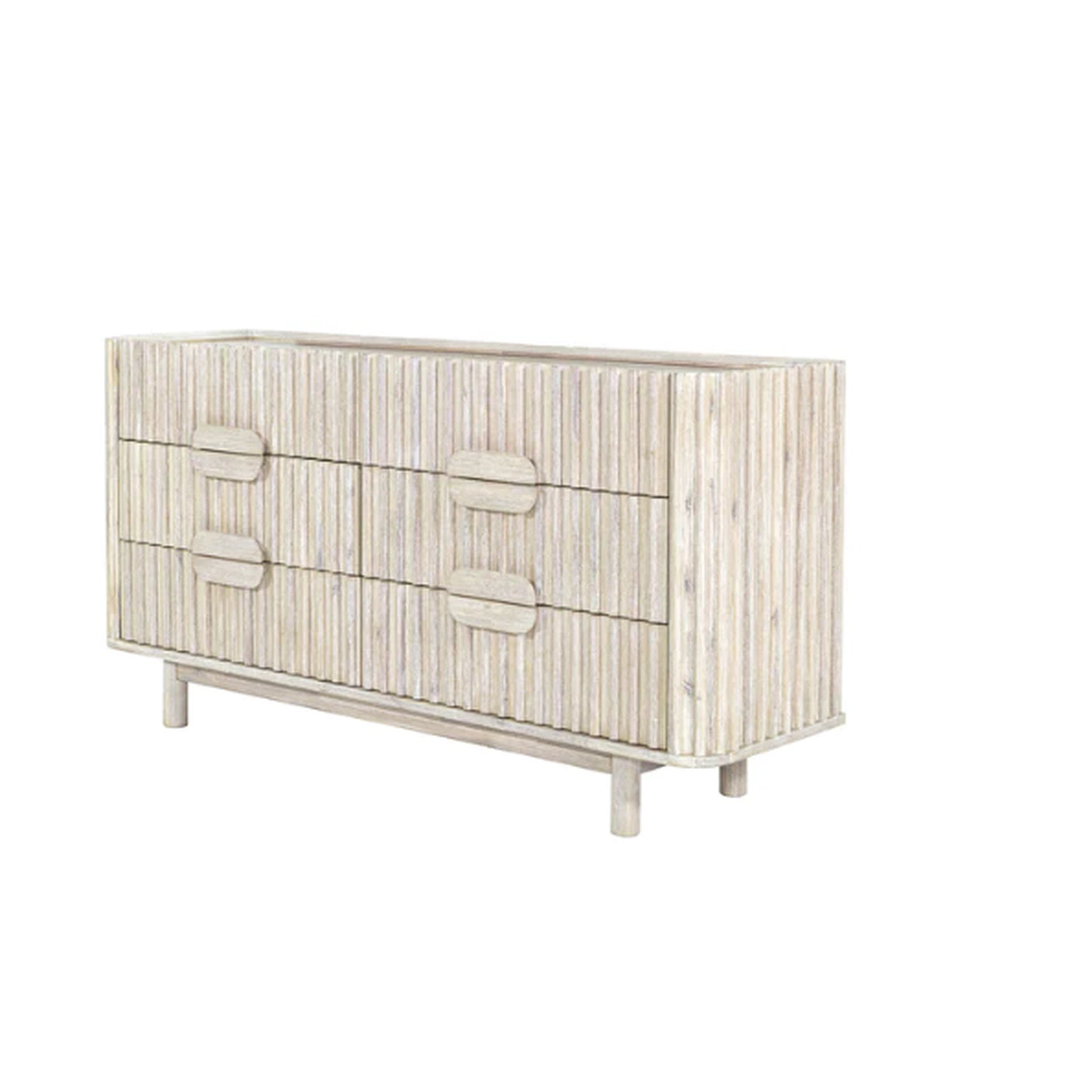 Wooden dresser with a light finish on a white background