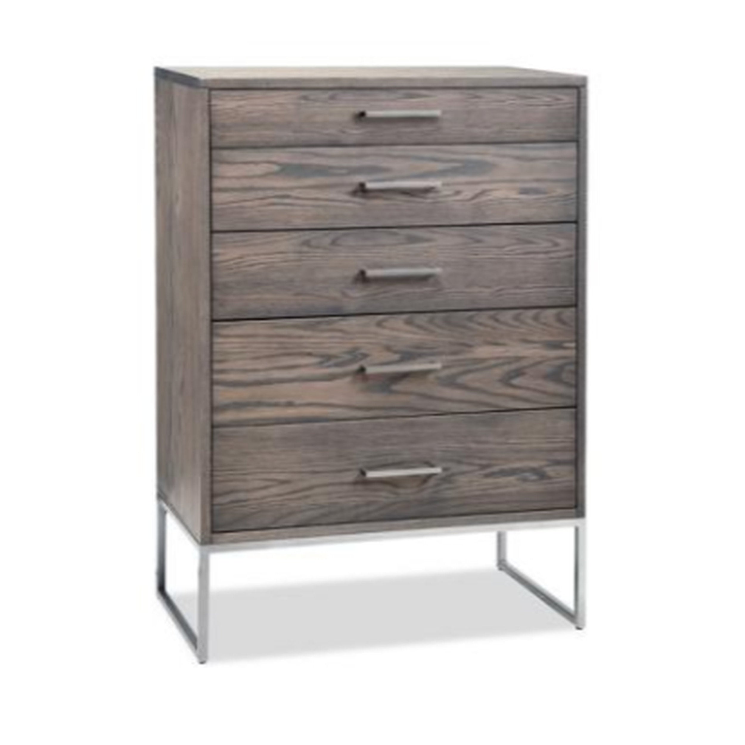 Wooden dresser with metal legs on a white background