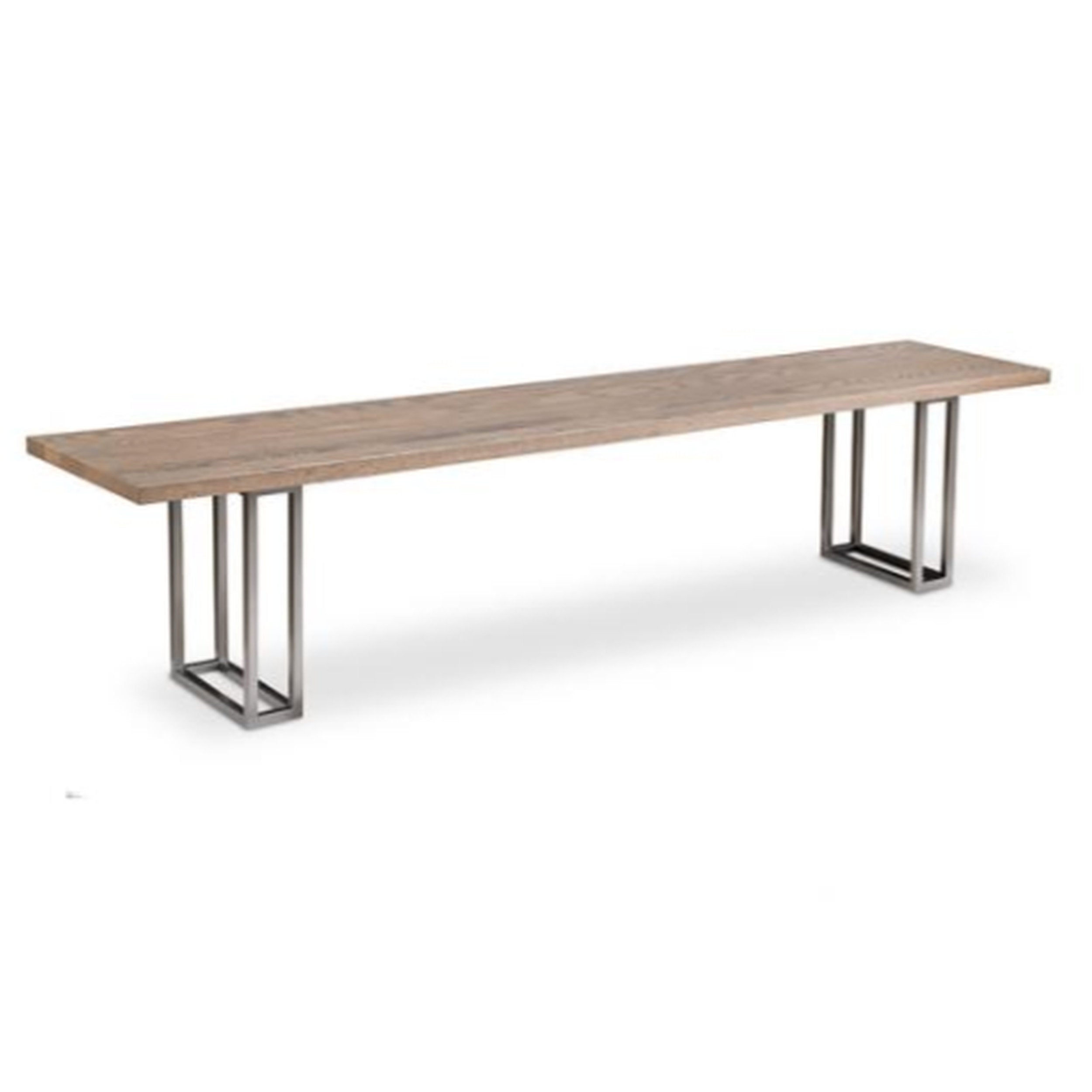 Long wooden bench with metal legs on a white background