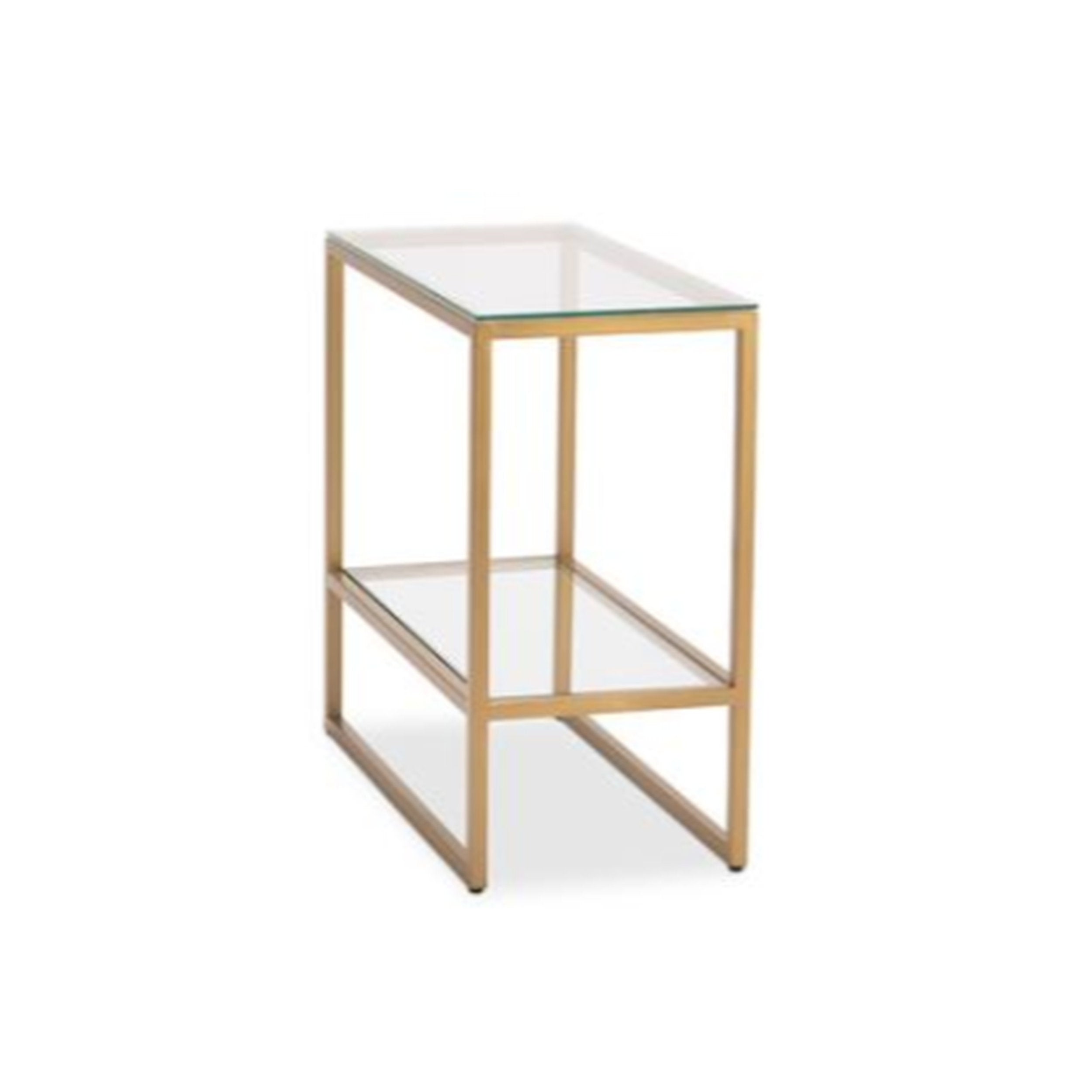 Glass side table with gold metal frame on a white background