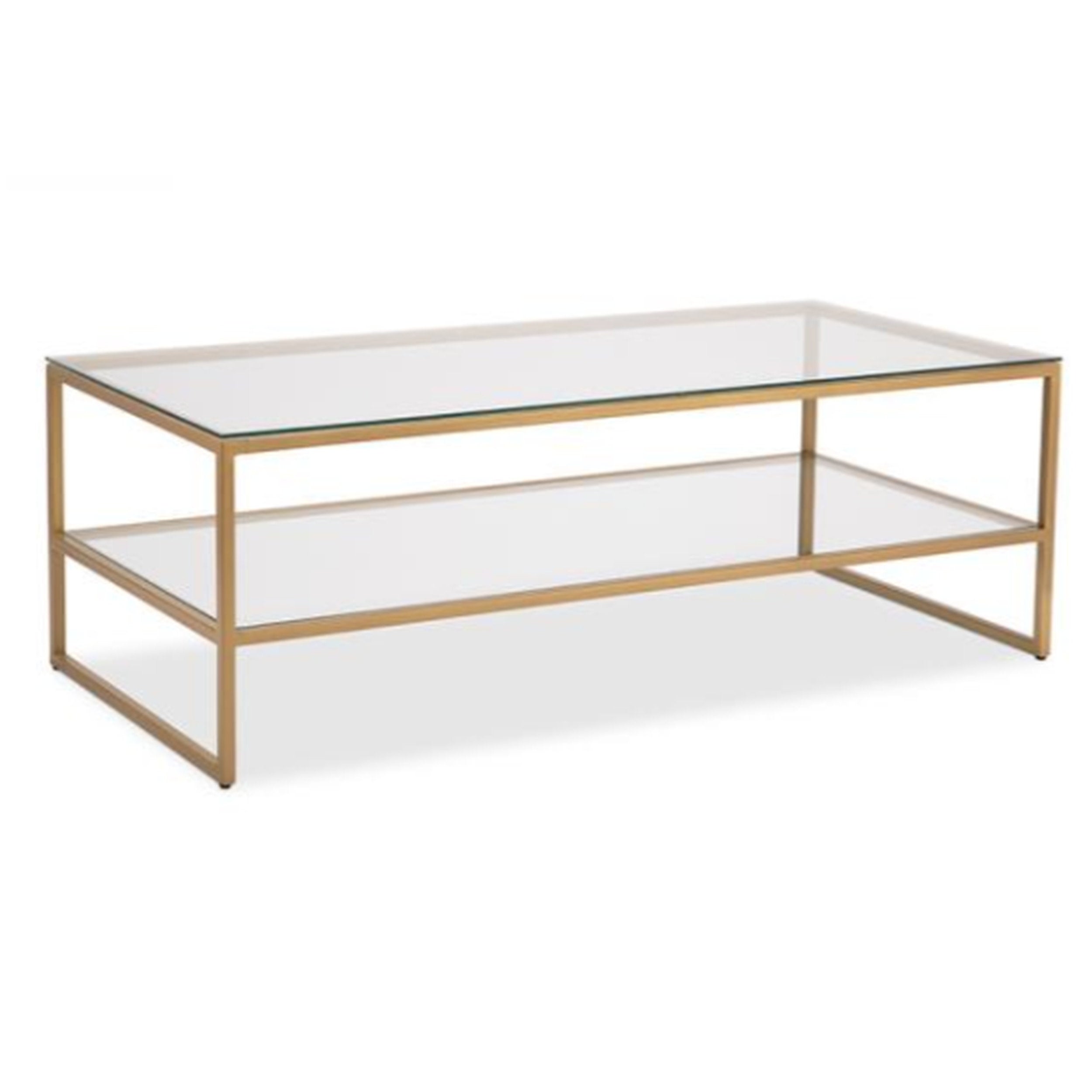 Glass coffee table with gold metal frame on a white background