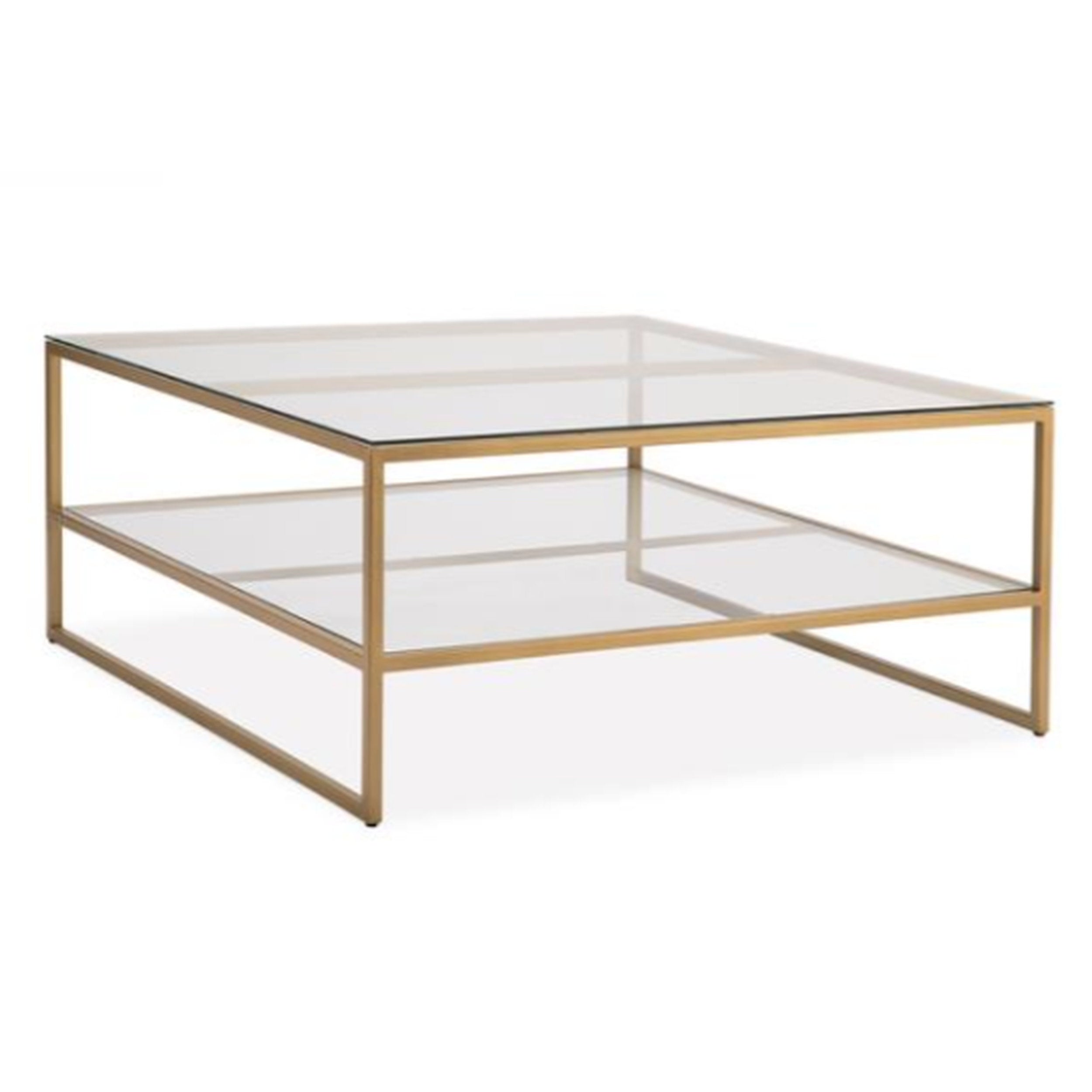 Square glass coffee table with gold metal frame on a white background