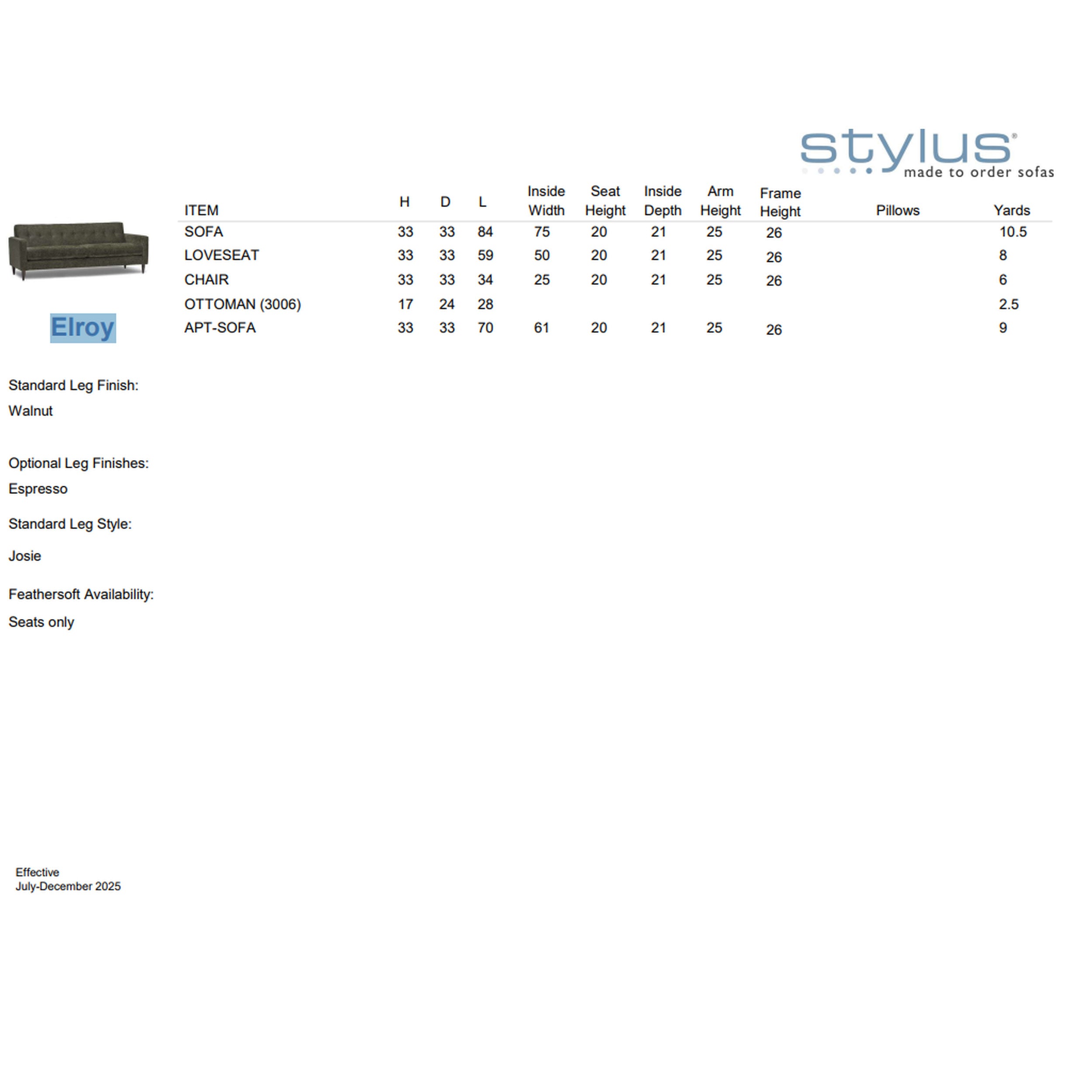 Product specification sheet for furniture items with Stylus branding.