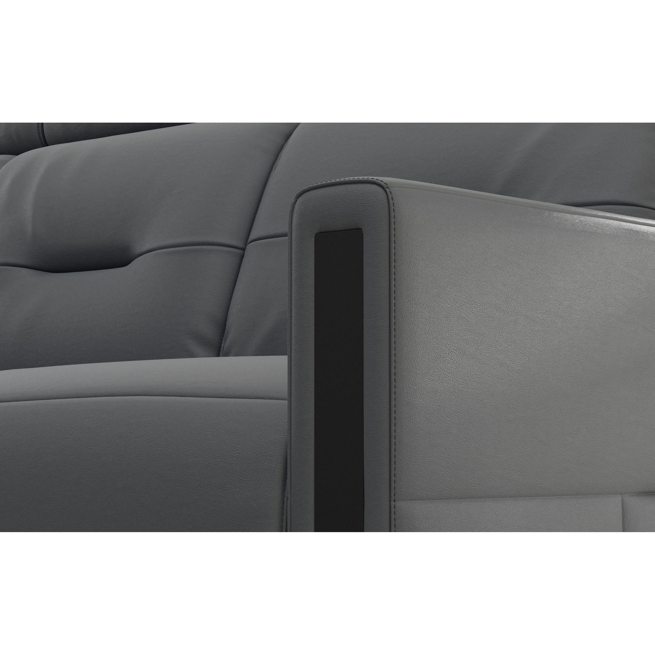 Gray leather car seat with a black center console on a white background