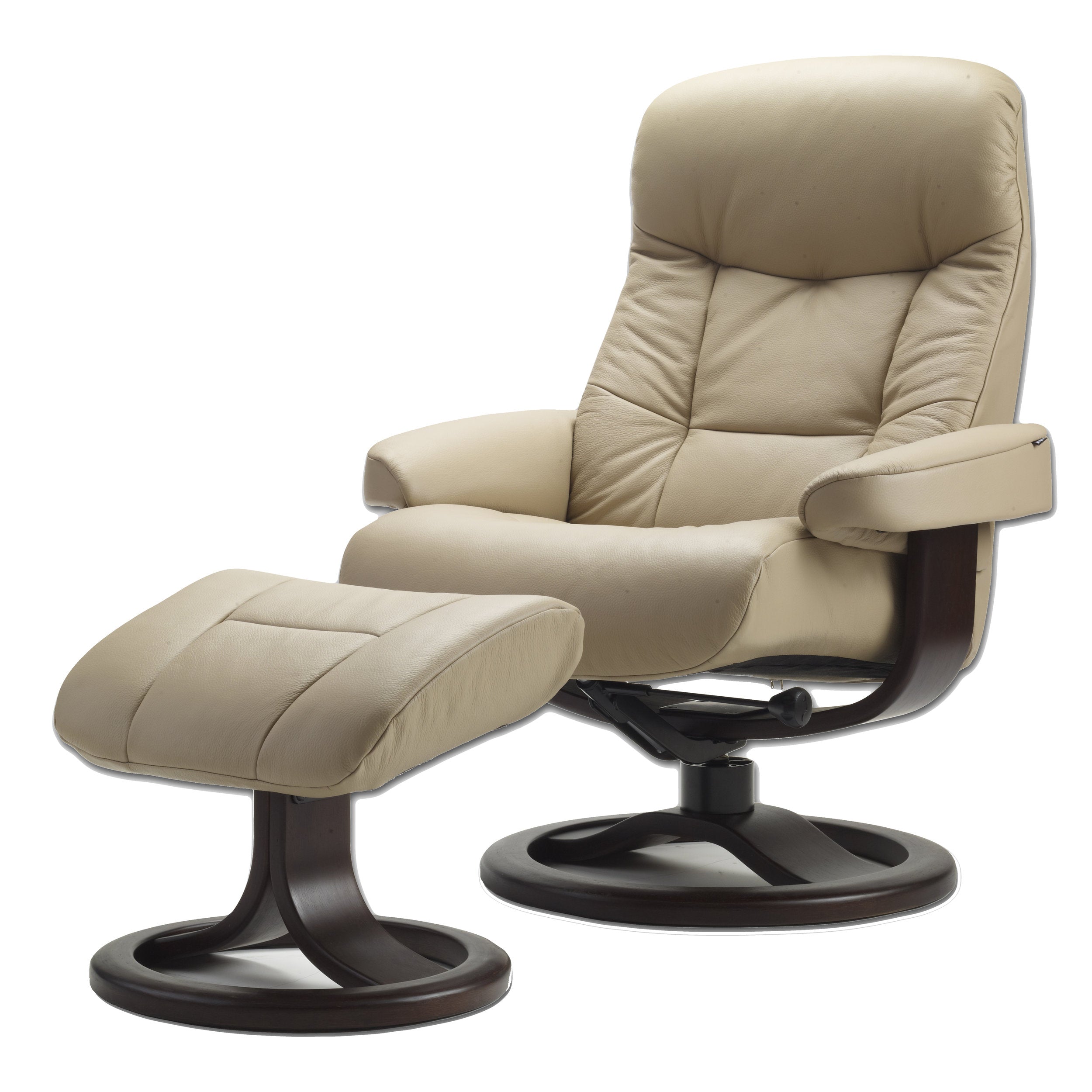 Beige recliner chair with ottoman on a white background