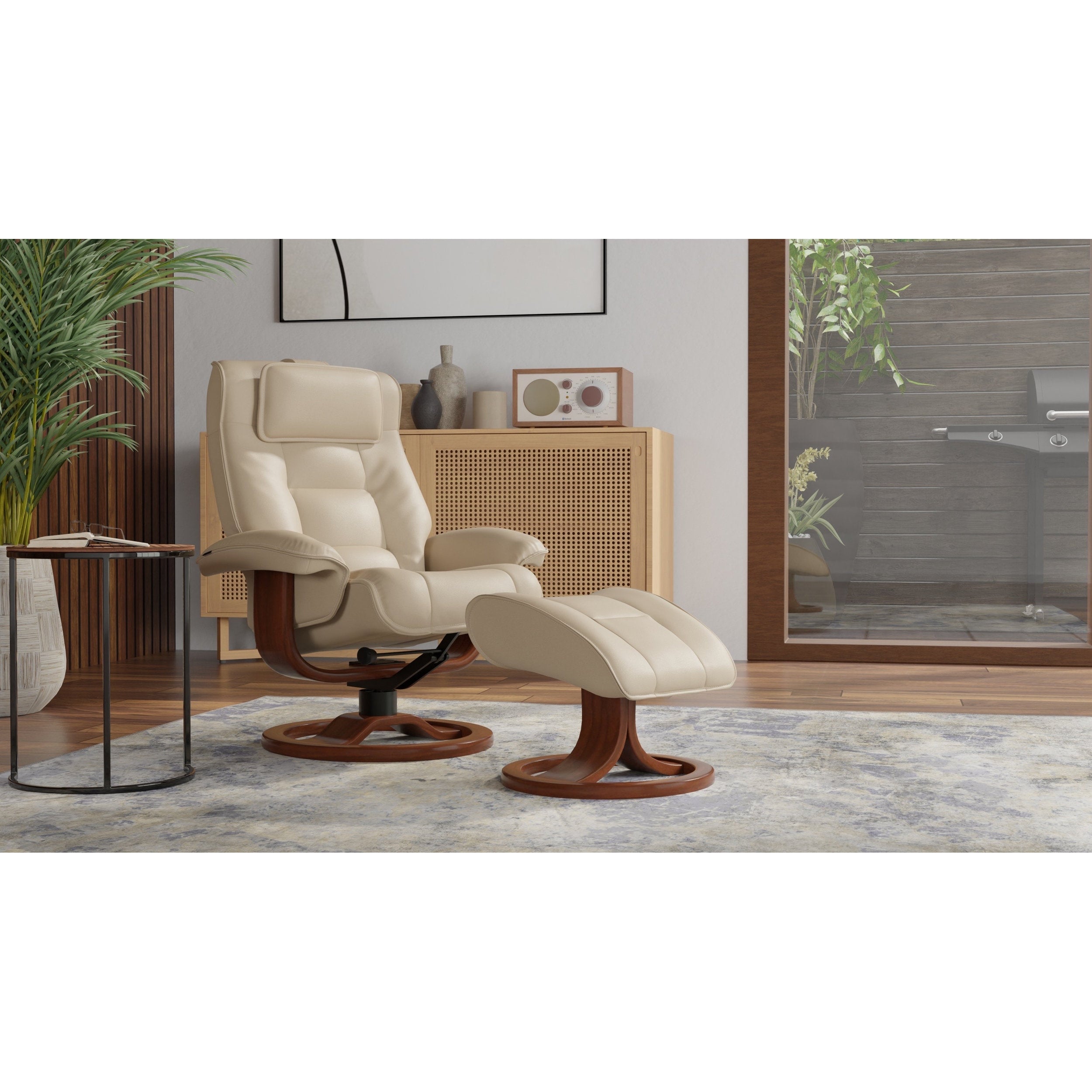 Beige recliner chair with ottoman in a modern living room setting