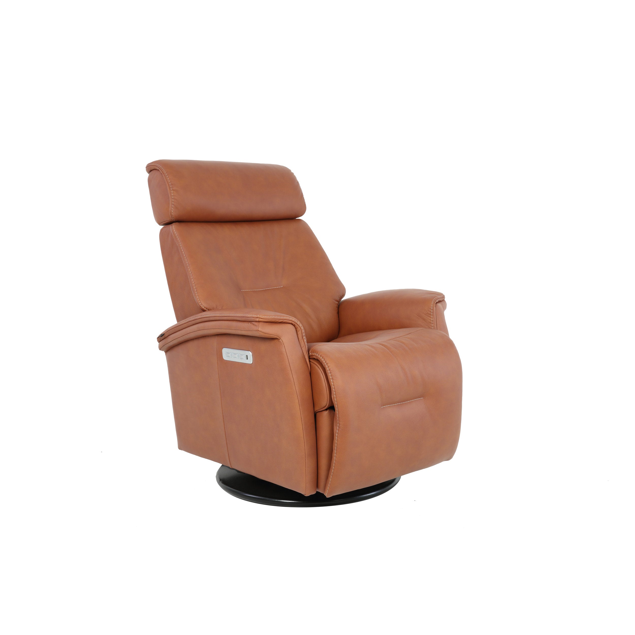 Rome Recliner by Fjords in warm caramel leather with plush headrest, padded armrests, prominent stitching, round swivel base.