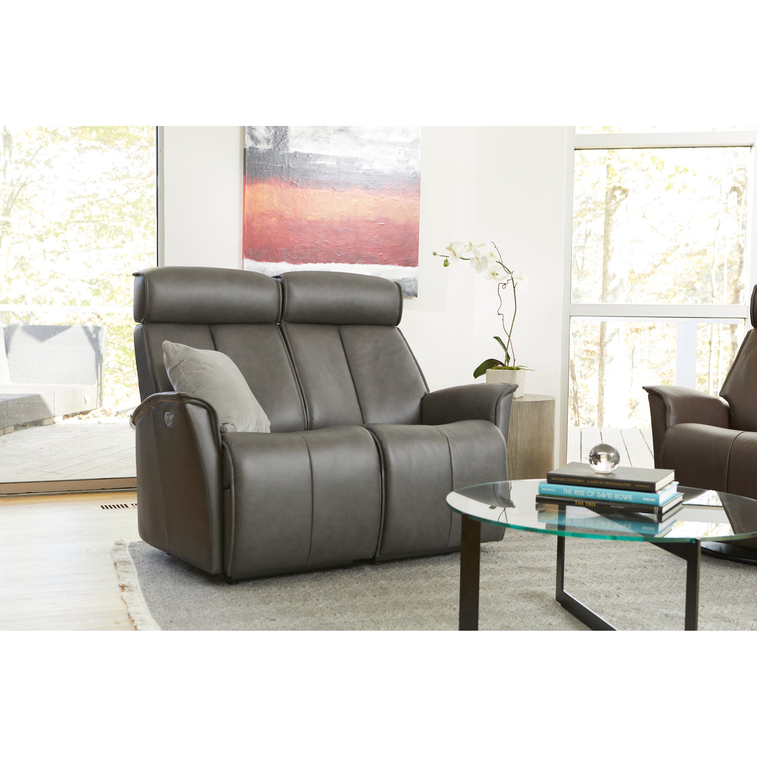 Gray recliner sofa in a modern living room with a glass coffee table and decor.