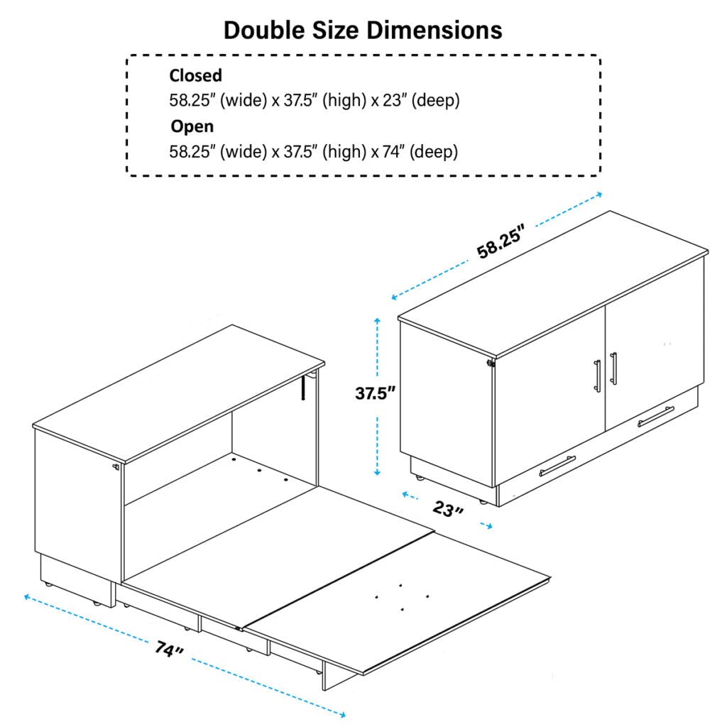dimensions of the cabinet bed showing 58 inches wide x 37.5 inches high