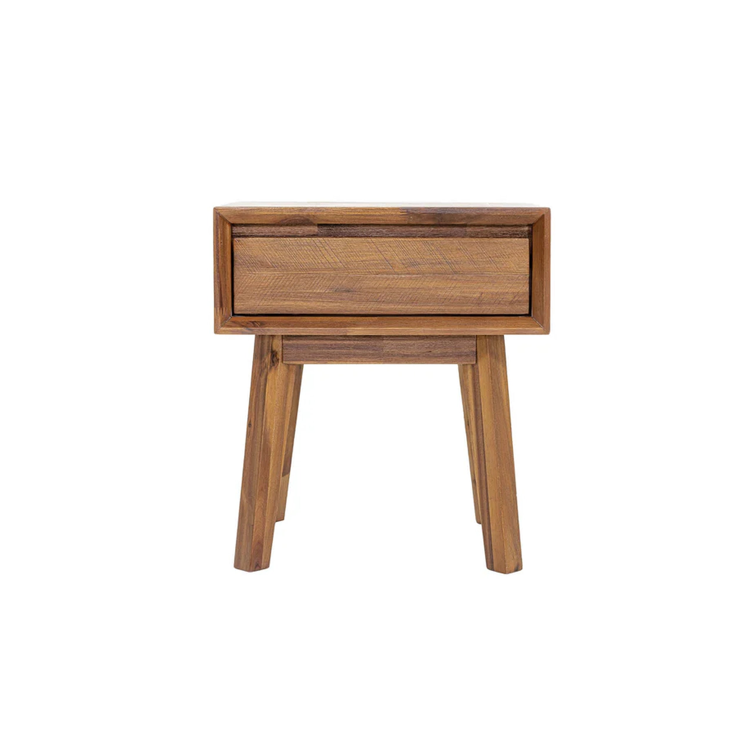 Wooden side table with a drawer on a white background