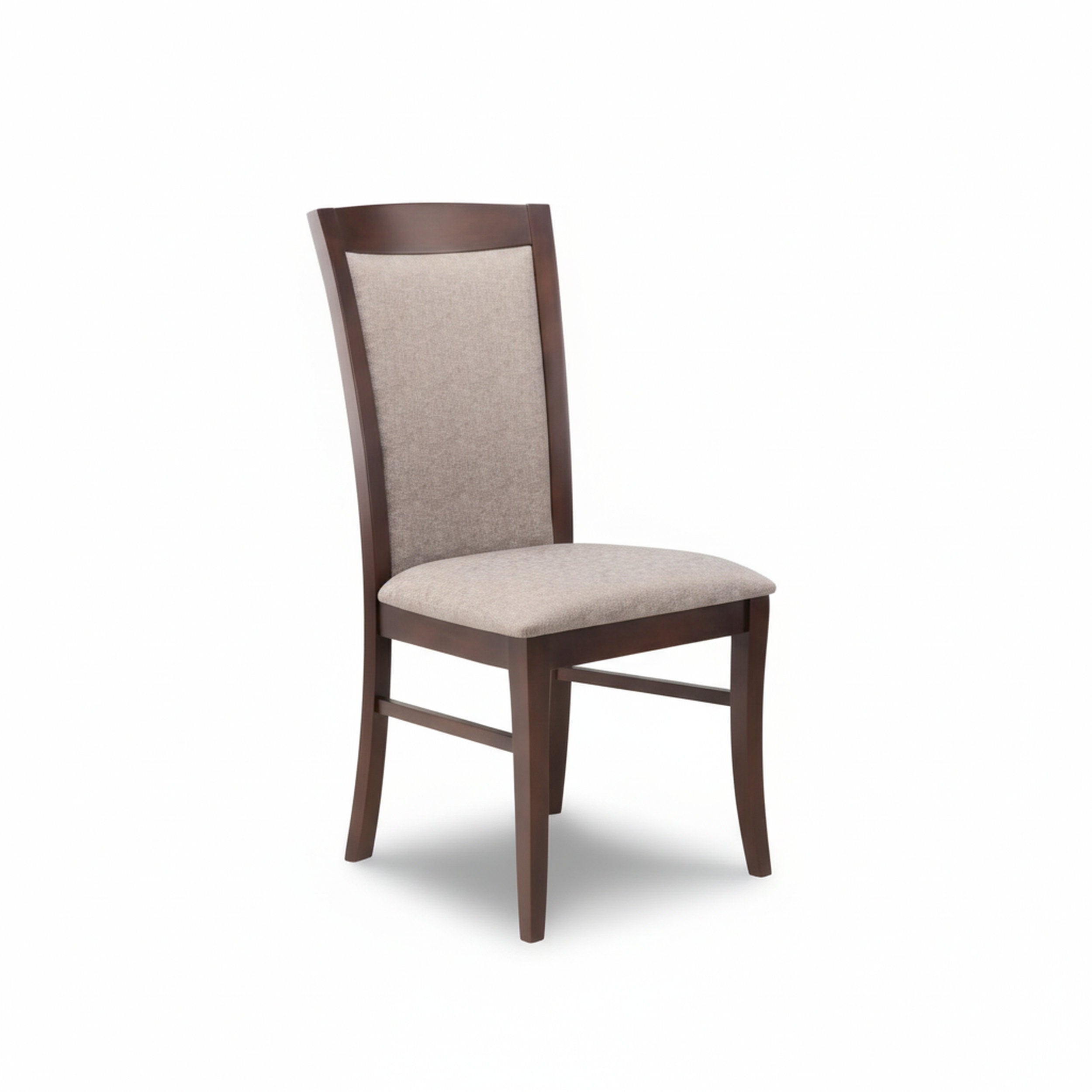 Wooden chair with beige cushioned seat and backrest on a white background