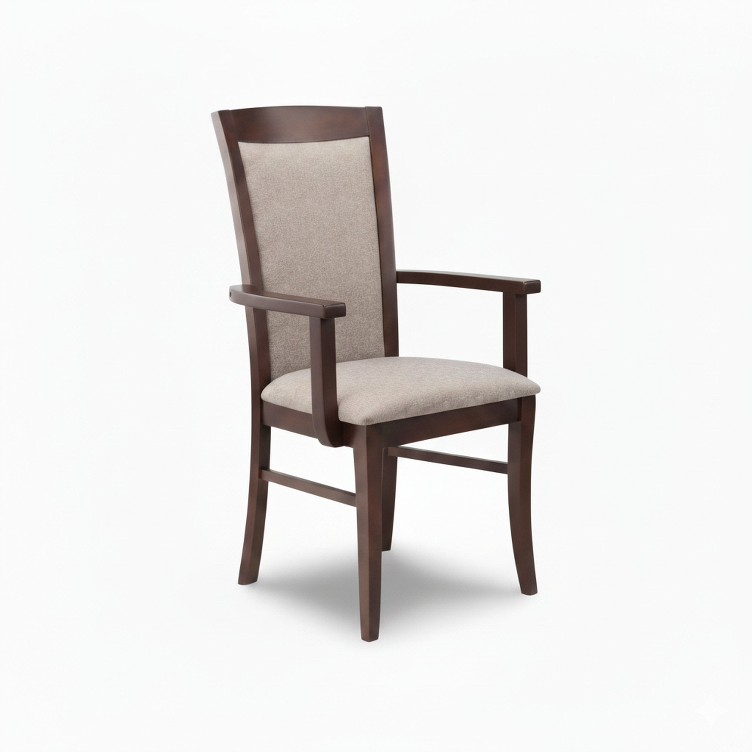 Wooden chair with beige cushioned seat and backrest on a white background