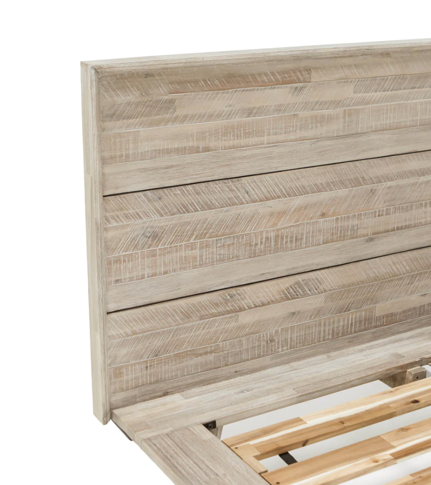 close up on the gia headboard showing the beige acacia wood with some patterns on headboard