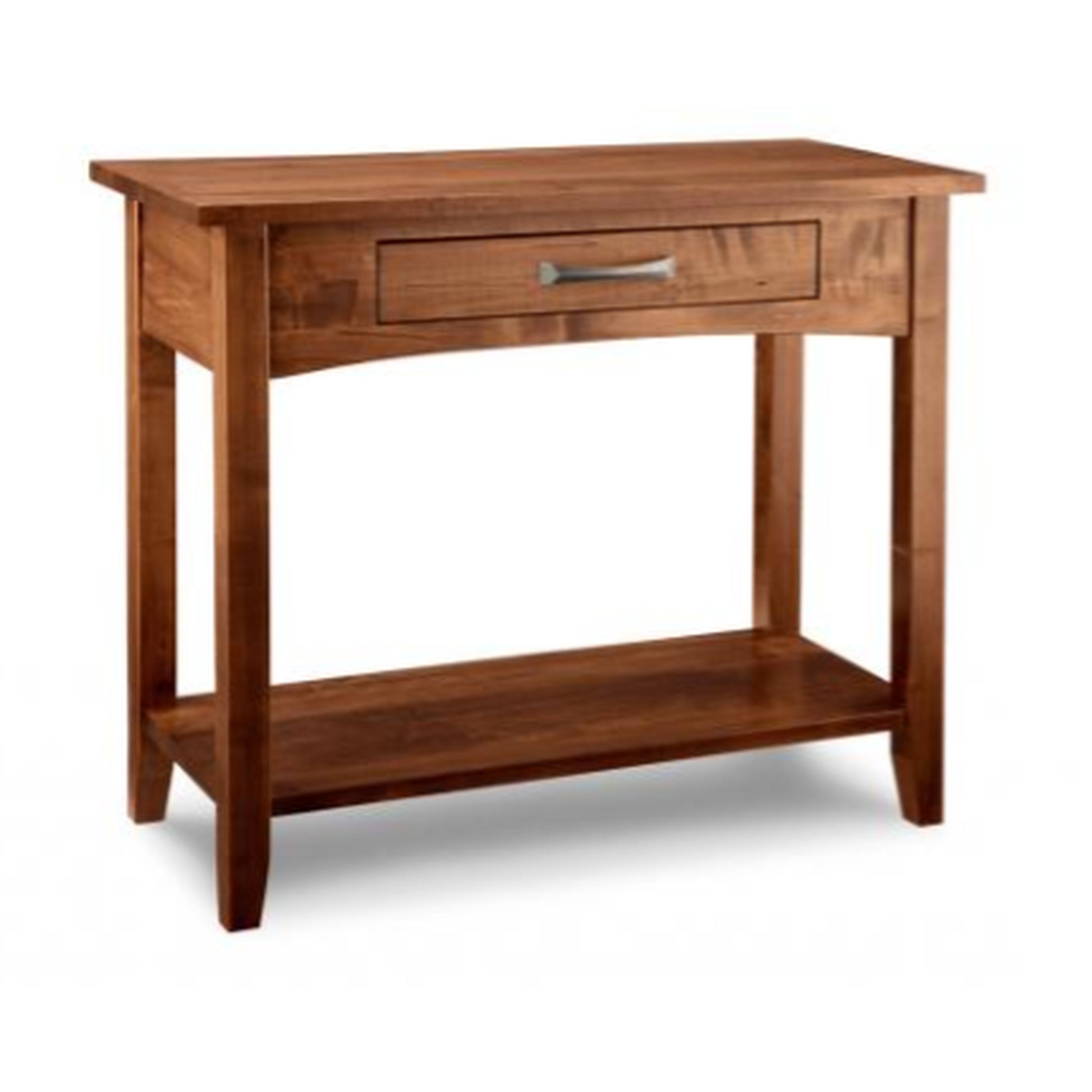 Wooden console table with a drawer and shelf on a white background