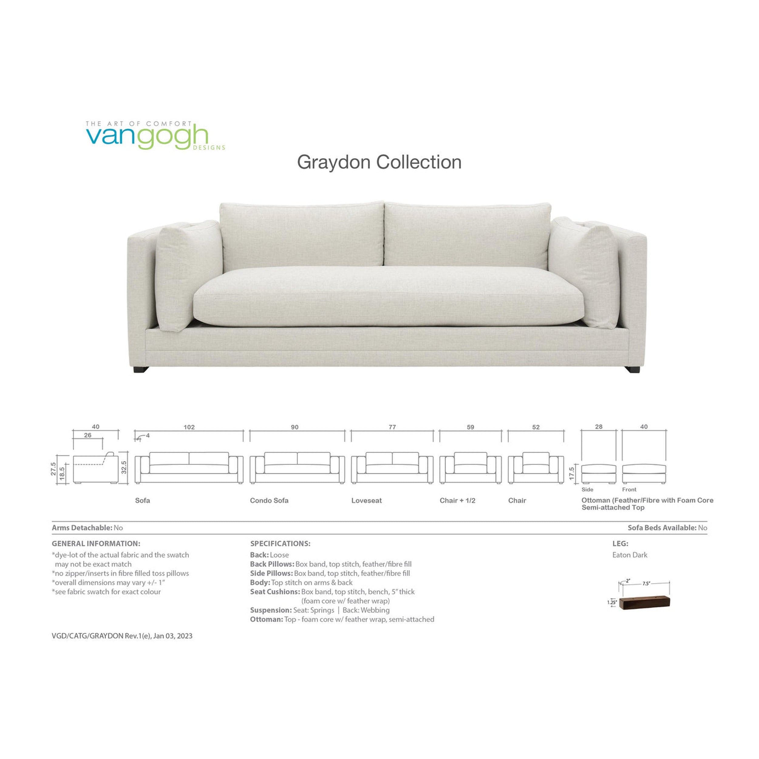 Gray sofa with 'Graydon Collection' text and product details on a white background