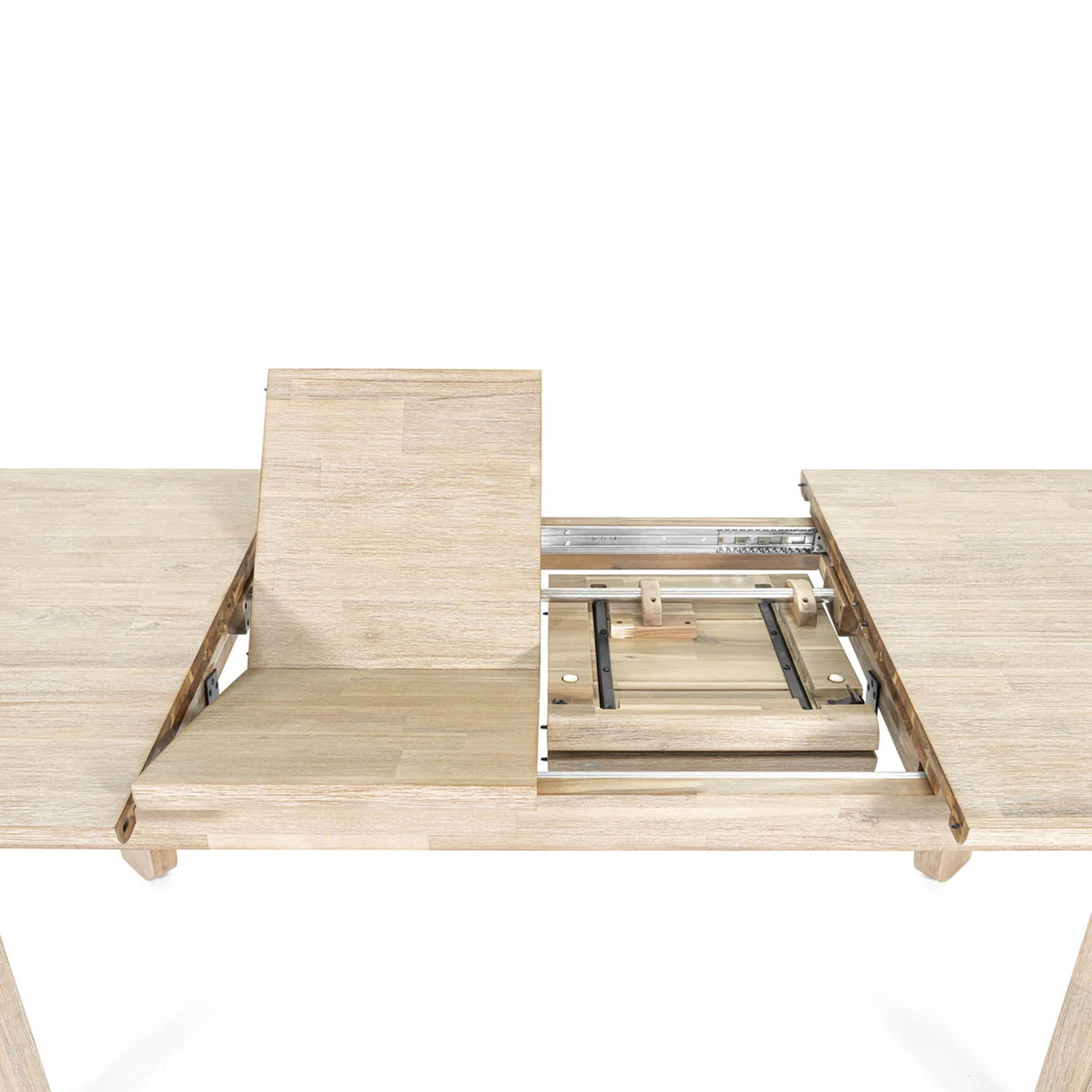 LH Home Haru Extension Table 70"/102" in light acacia wood with metal slide mechanism, and seamless leaf extension