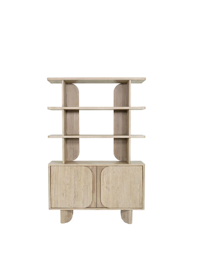 Wooden bookshelf with open shelves on a white background