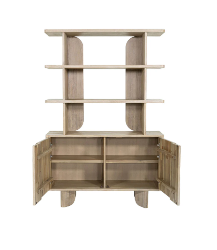 Wooden bookshelf with open doors on a white background