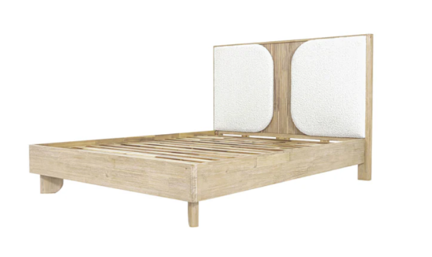 Wooden bed frame with white headboard and footboard on a white background