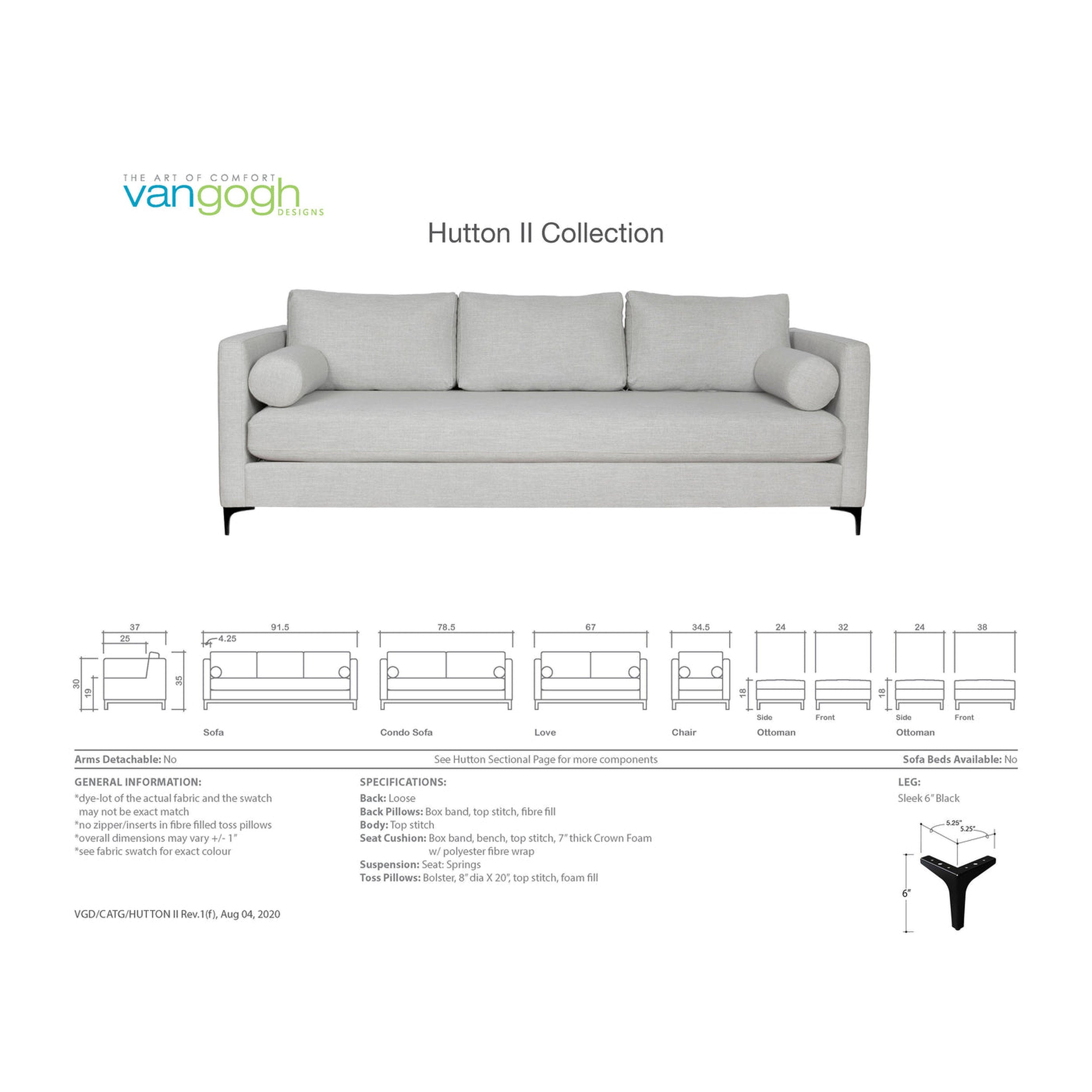 Gray sofa from the Hutton II Collection by Vangogh on a white background with product details.