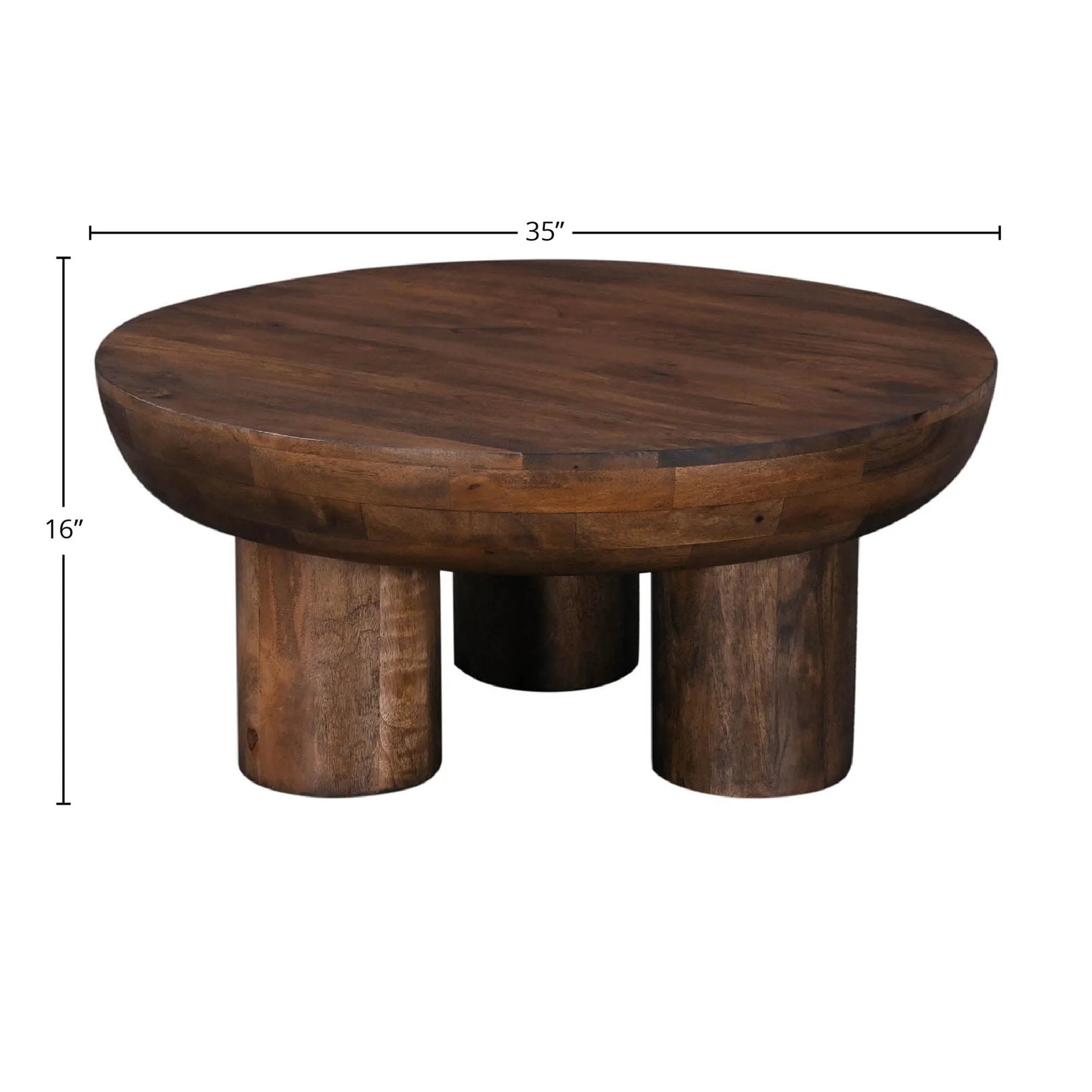 Wilder Coffee Table by LH Home in dark walnut wood, round 35.5" diameter, 16" tall with thick triple legs, solid hardwood.