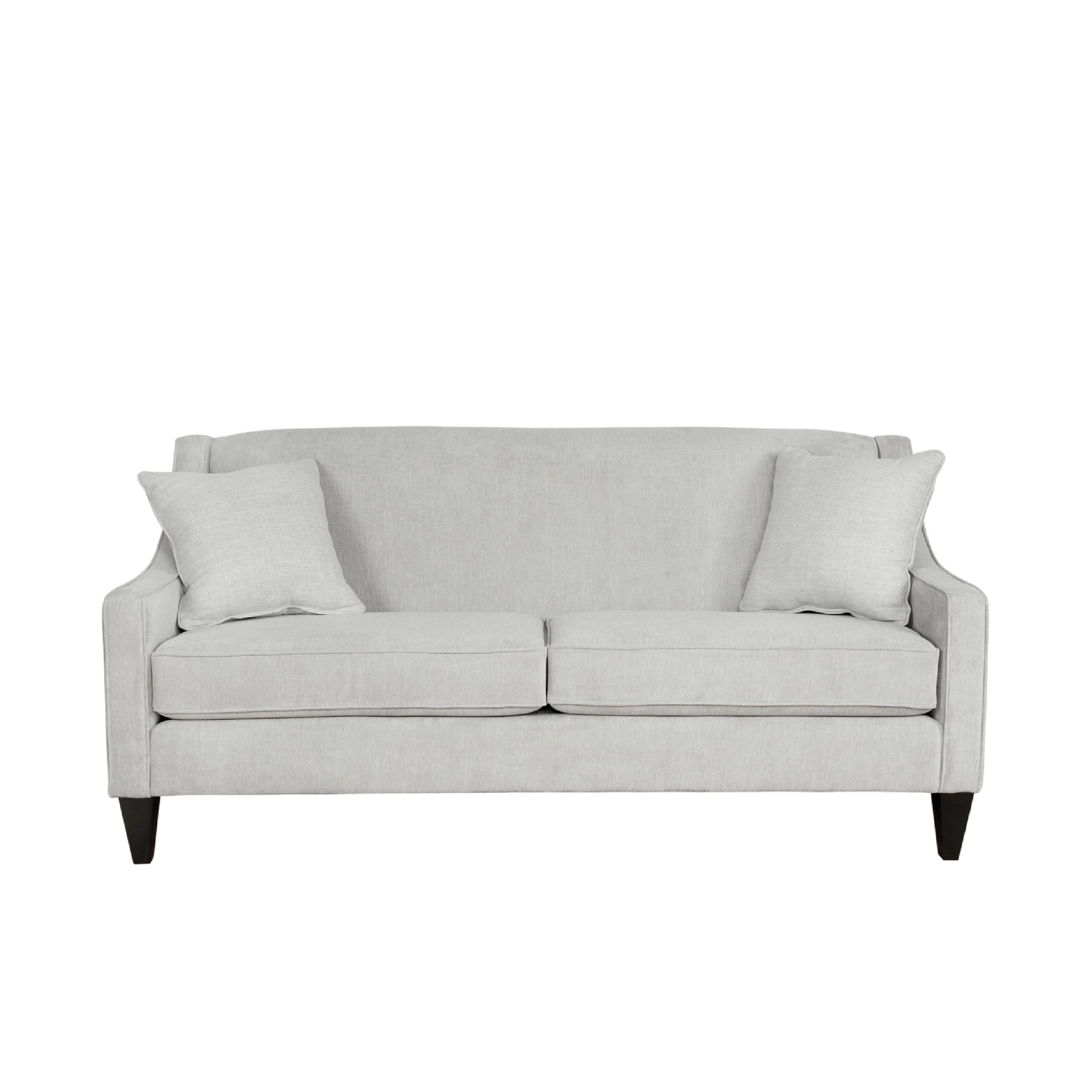 A gray upholstered loveseat with a wooden frame, featuring a sectional design and accompanied by a pair of cushion pillows.