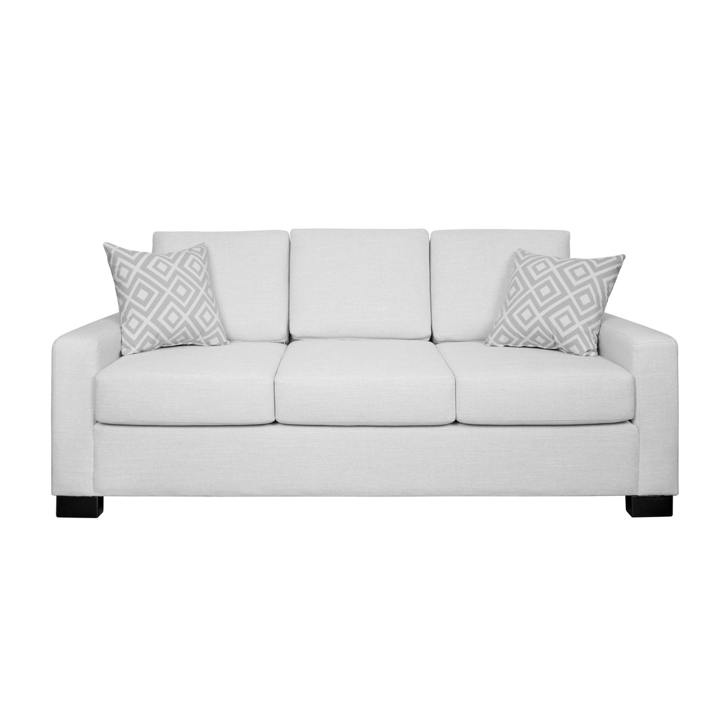 juliet gray fabric sofa with patterned cushions on a white background
