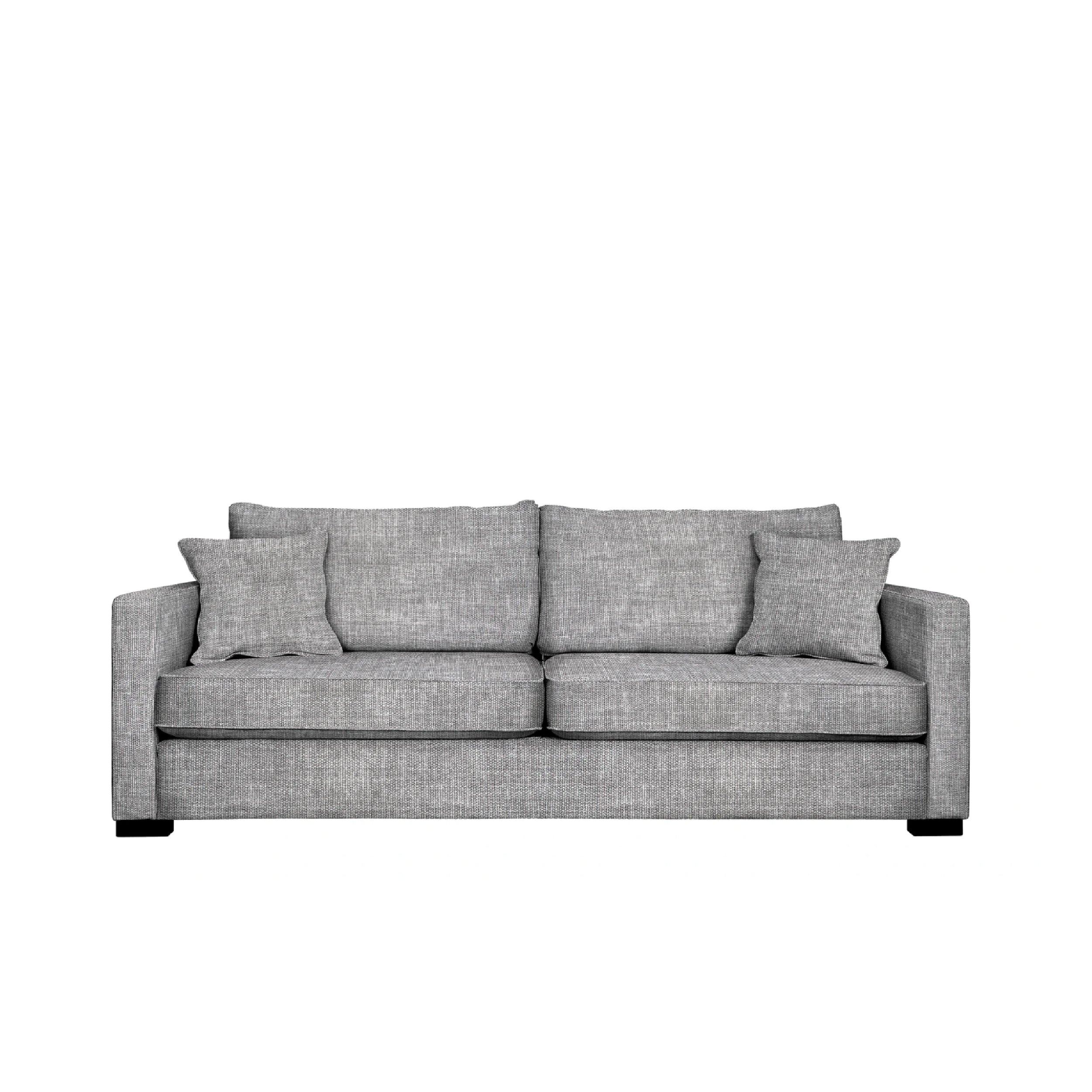 A gray upholstered sofa with piping detail, featuring a clean and contemporary design, with cushions that provide a snug fit.