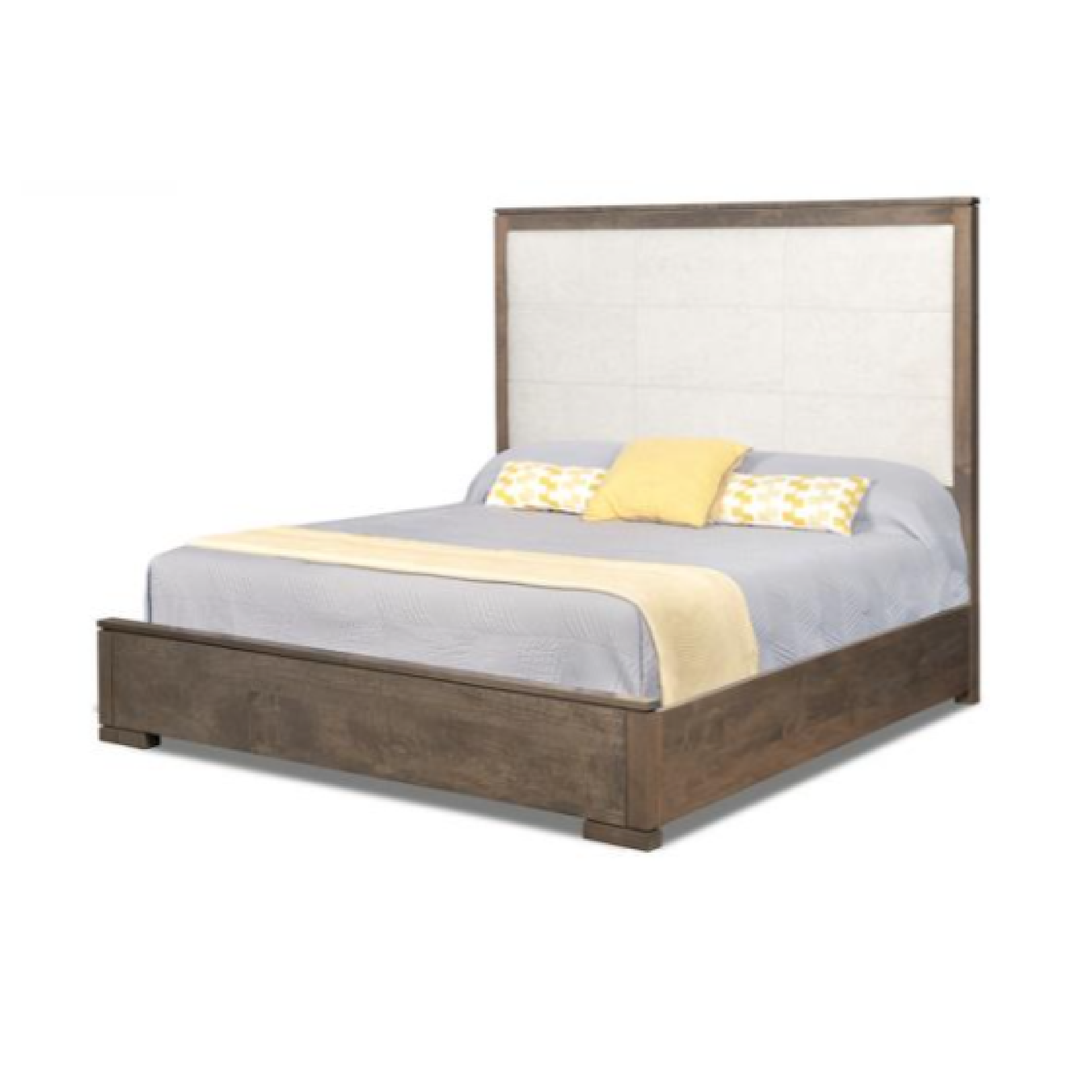 A brown wooden bed frame with a high headboard, featuring a mattress with gray and yellow bedding.