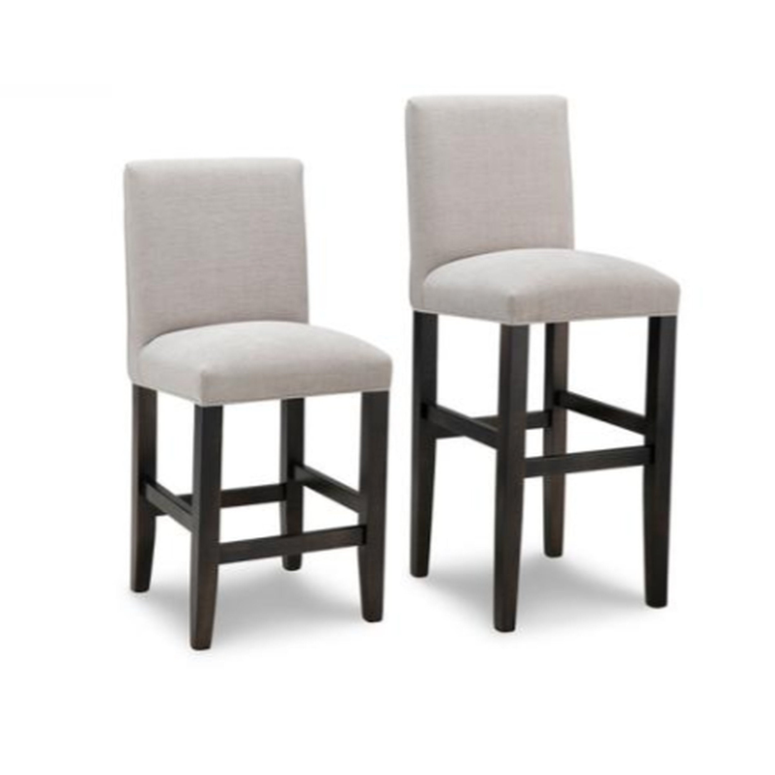 Two bar stools with beige cushioned seats and dark wooden legs on a white background
