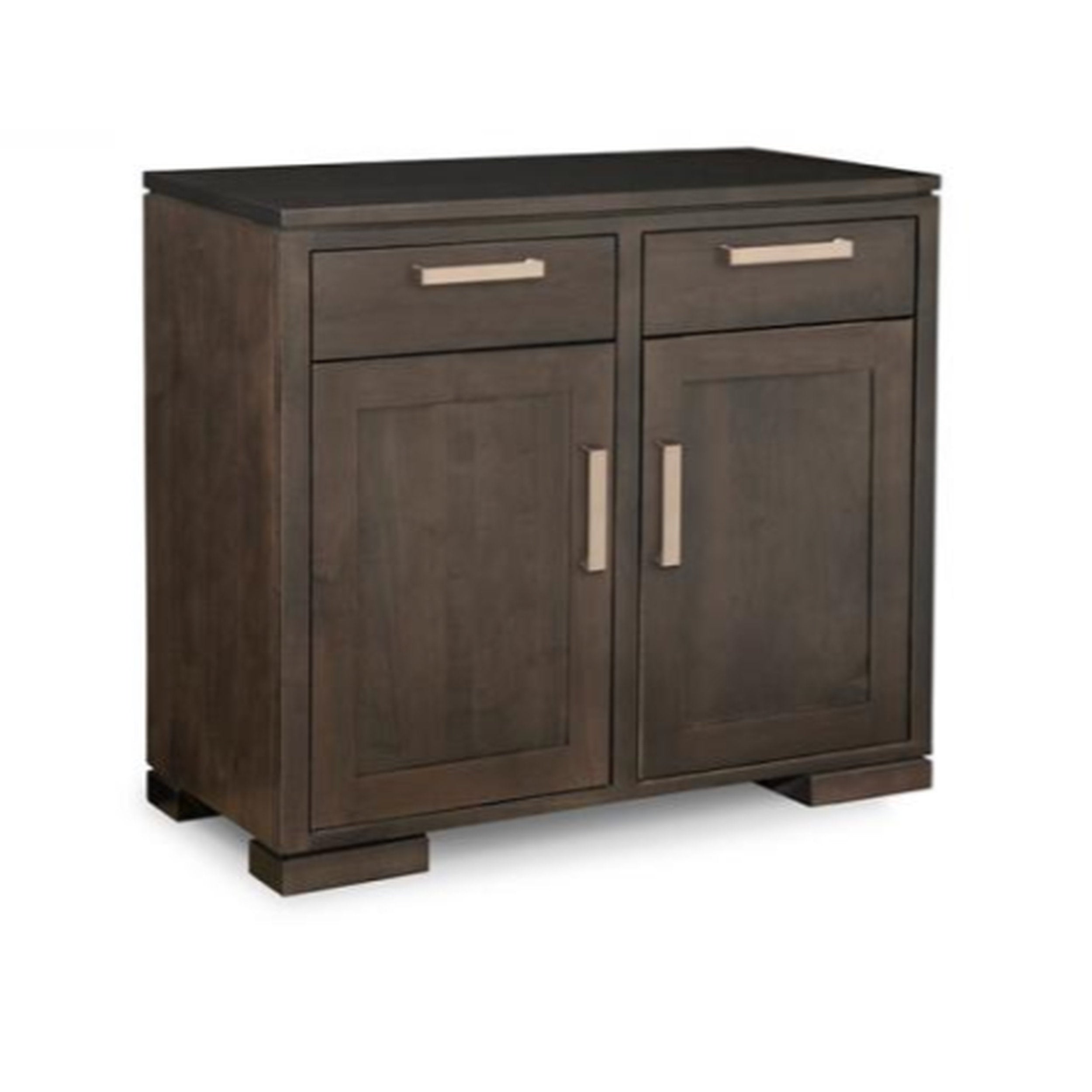 Dark brown cabinet with two doors and two drawers on a white background