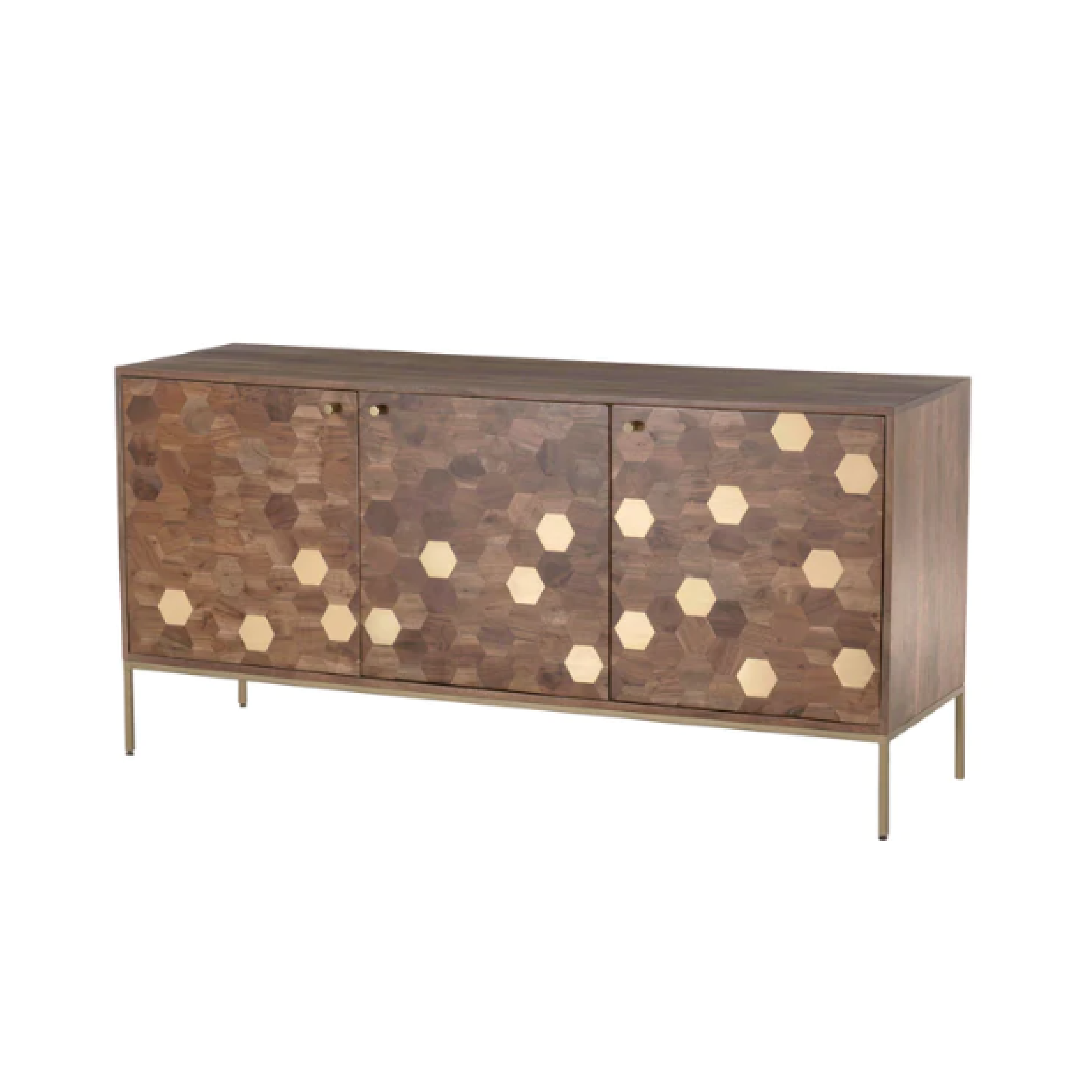 A three-door sideboard with a geometric hexagon pattern on the front doors, featuring brass legs and a crafted acacia wood body.