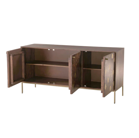 sideboard open with four shelves in dark brown color