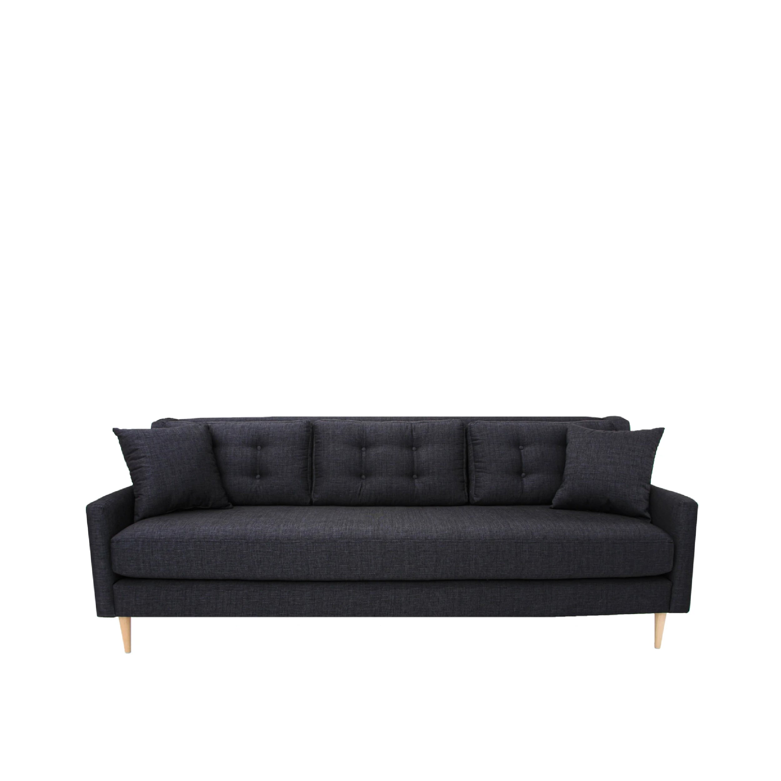 Black sofa with tufted backrest on a white background