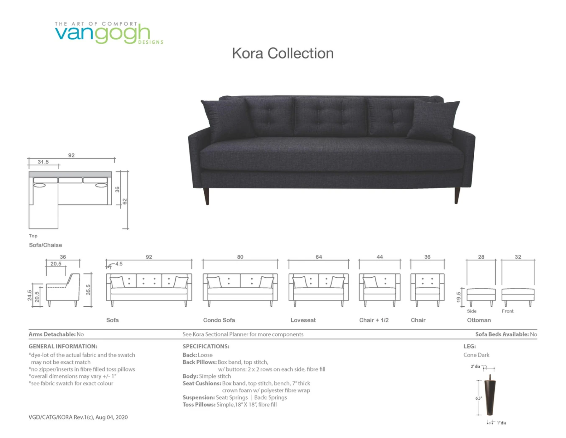 Black sofa from the Kora Collection with dimensions and product details on a white background.