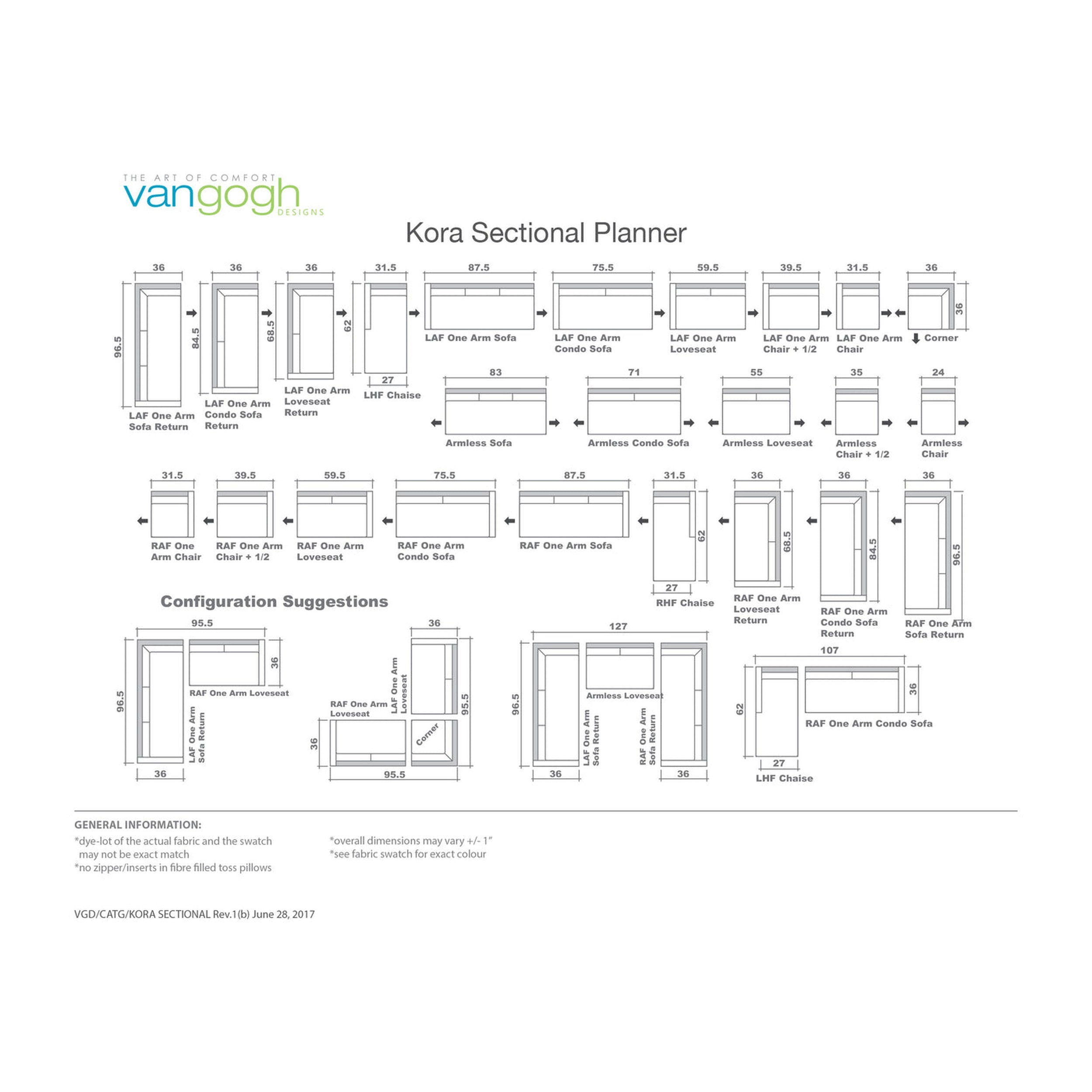 Kora Sectional Planner by Vangogh with layout diagrams and dimensions on a white background