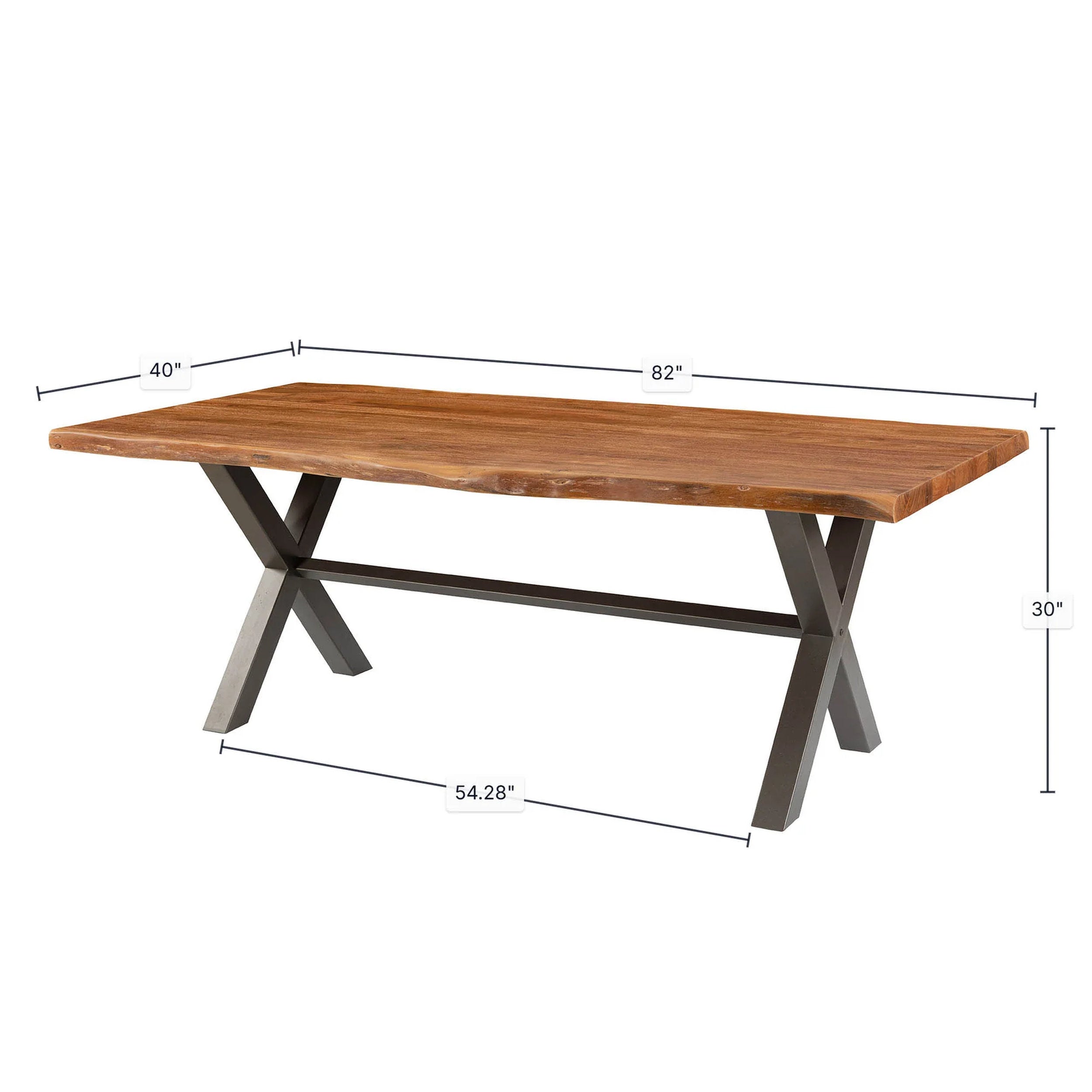 Restore Dining Table by LH Home in warm brown wood with a live-edge top and black X-frame legs, 82x40x30 inches polished.