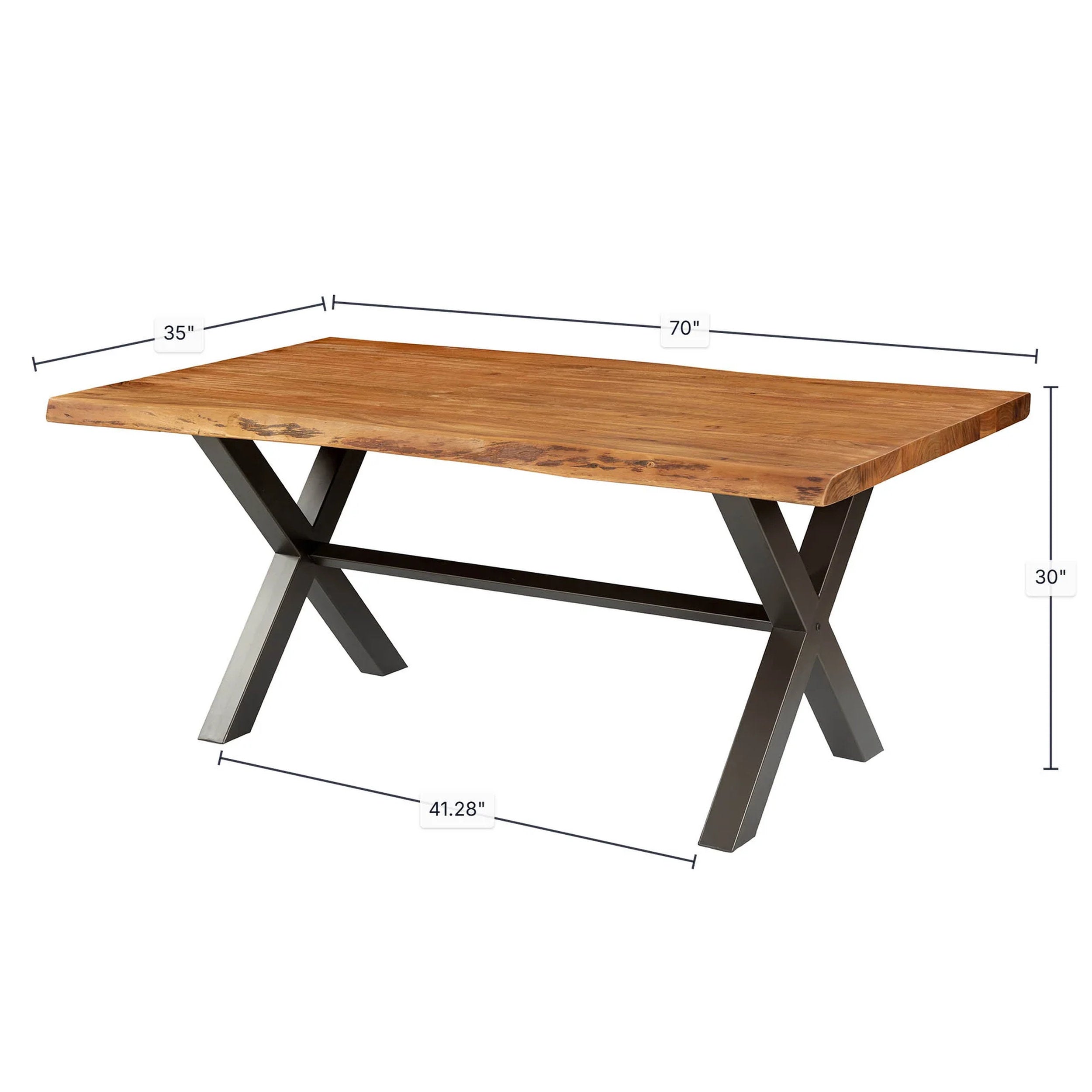 Restore Dining Table by LH Home: brown oak wood top with natural grain, black powder-coated X-frame legs, 70x35x30 inches.