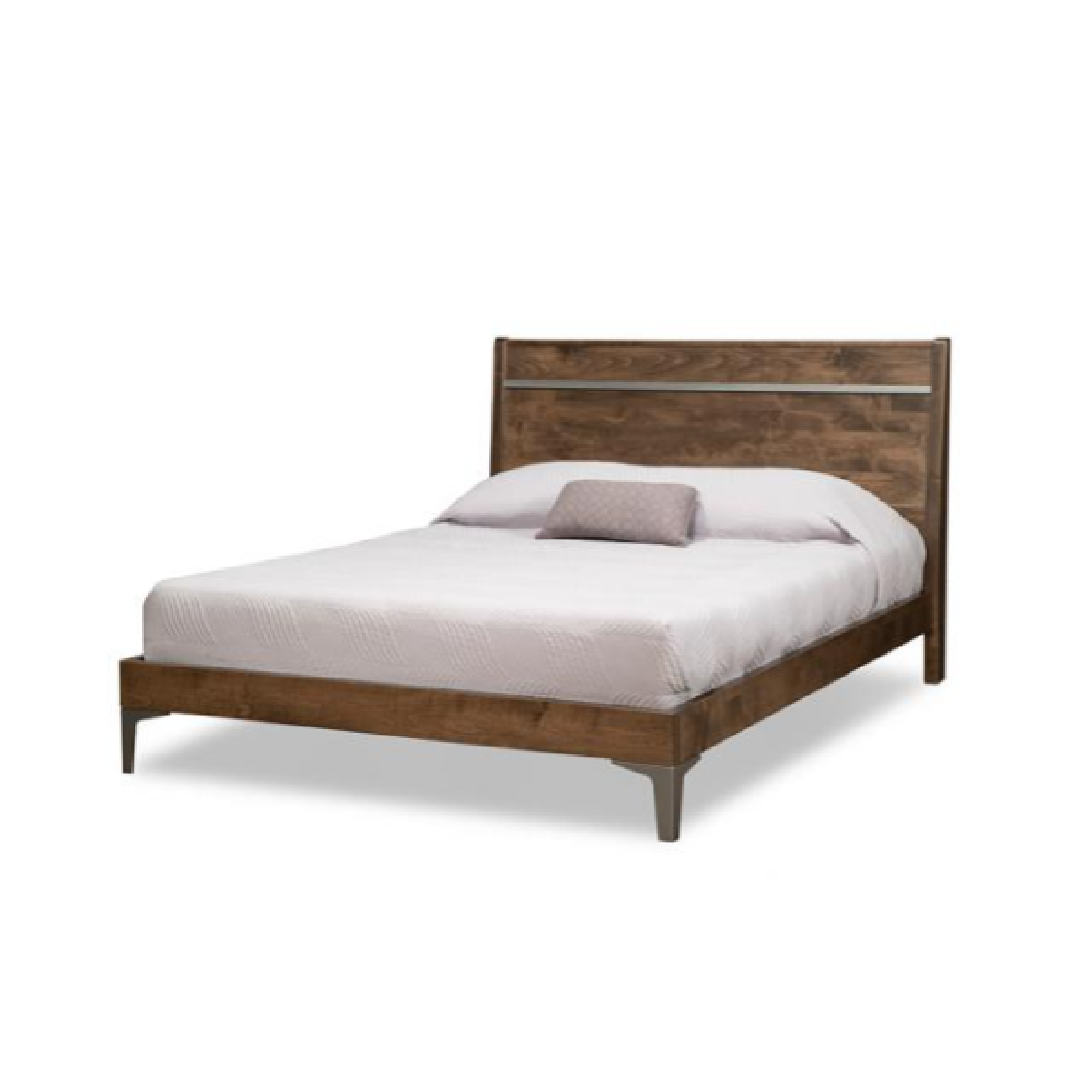 A brown wooden bed frame with a headboard, featuring a mattress with a white cover.