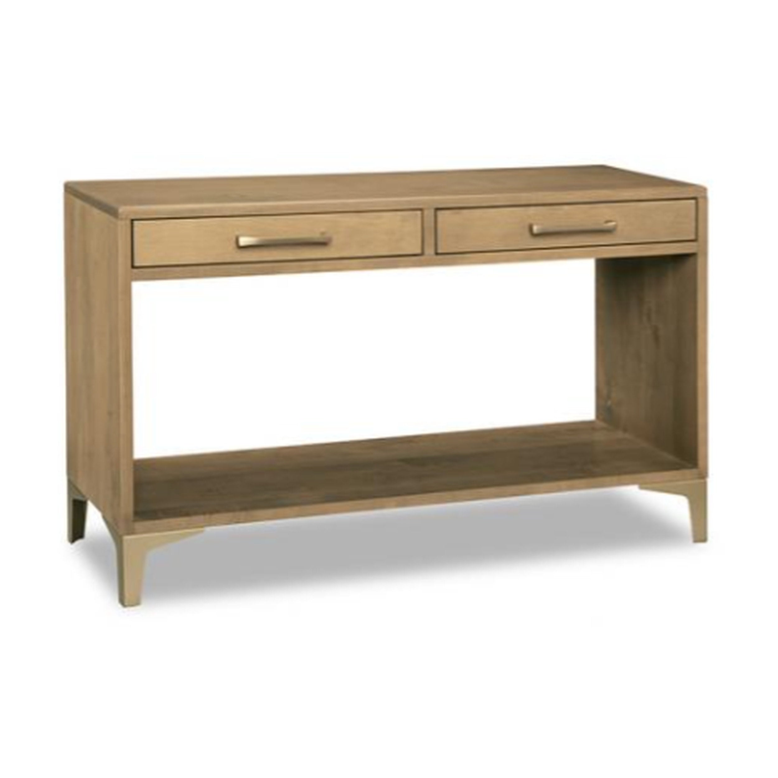 Wooden console table with two drawers on a white background