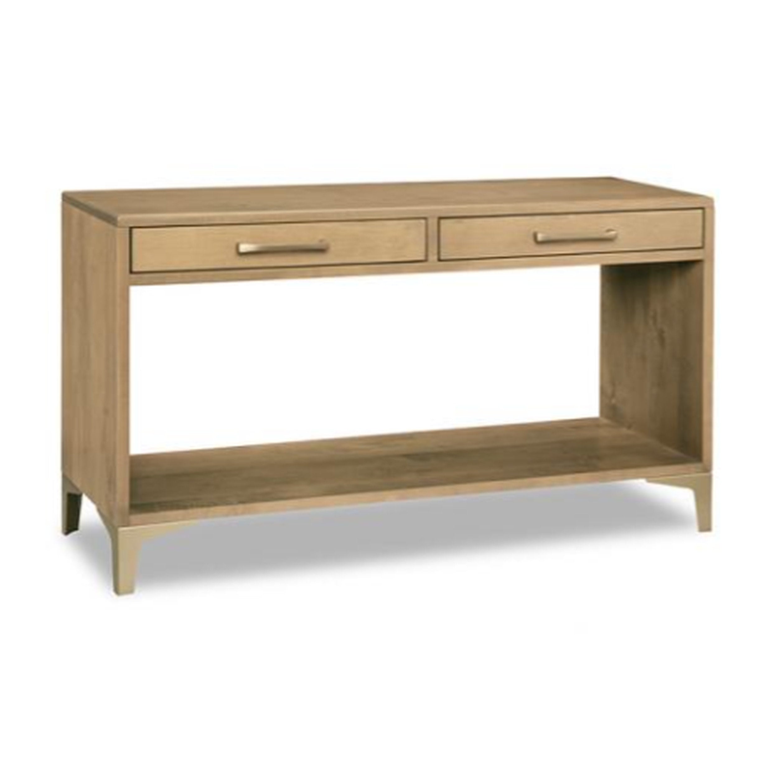 Wooden console table with two drawers on a white background