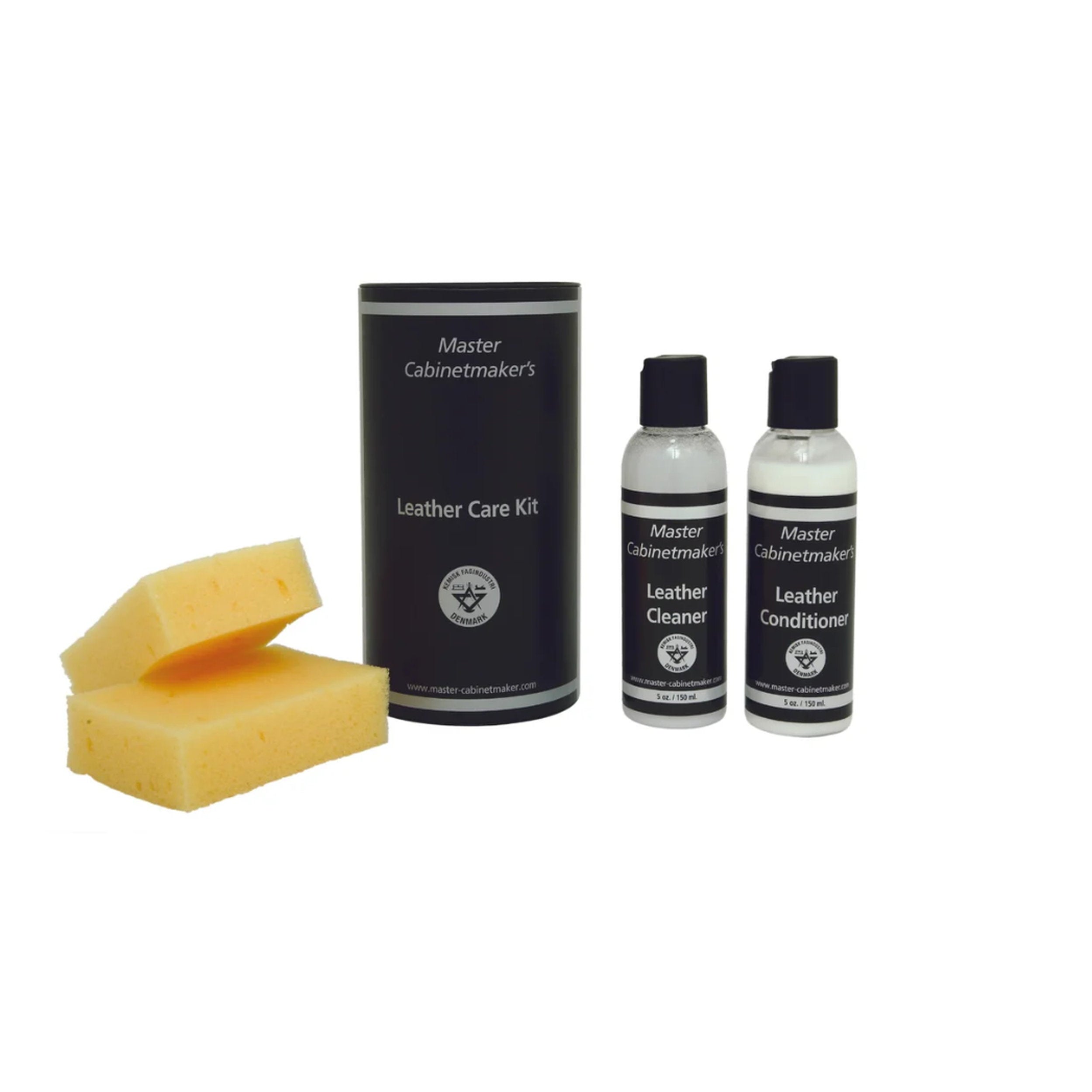 Master Cabinetmaker's Leather Care Kit with bottles and sponges on a white background