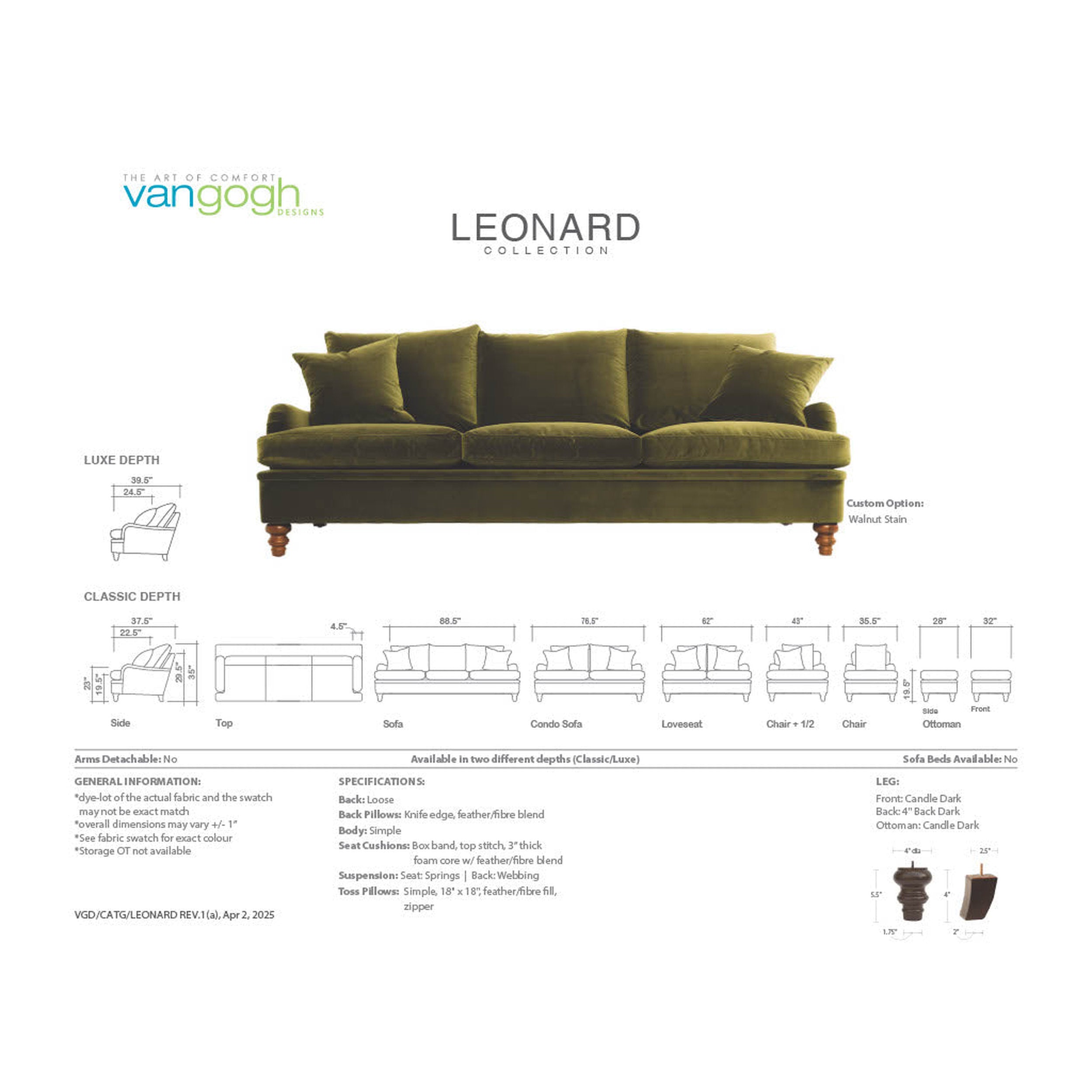 Leonard sofa with dimensions and specifications on a white background