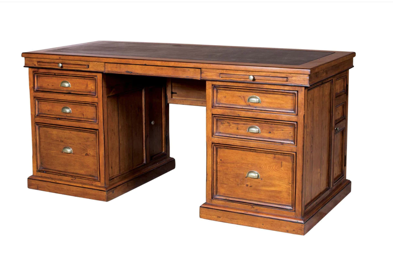 A stylish Lifestyle desk with a black vinyl inlay on top, a coffee slide, a keyboard slide, and a bottom drawer with file bars for organization. The desk has a rustic look with an African dusk finish. Double storage shown