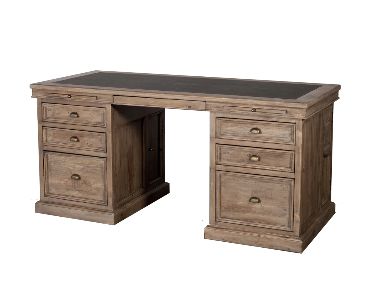 A stylish Lifestyle desk with a black vinyl inlay on top, a coffee slide, a keyboard slide, and a bottom drawer with file bars for organization. The desk has a rustic look with an sundried finish