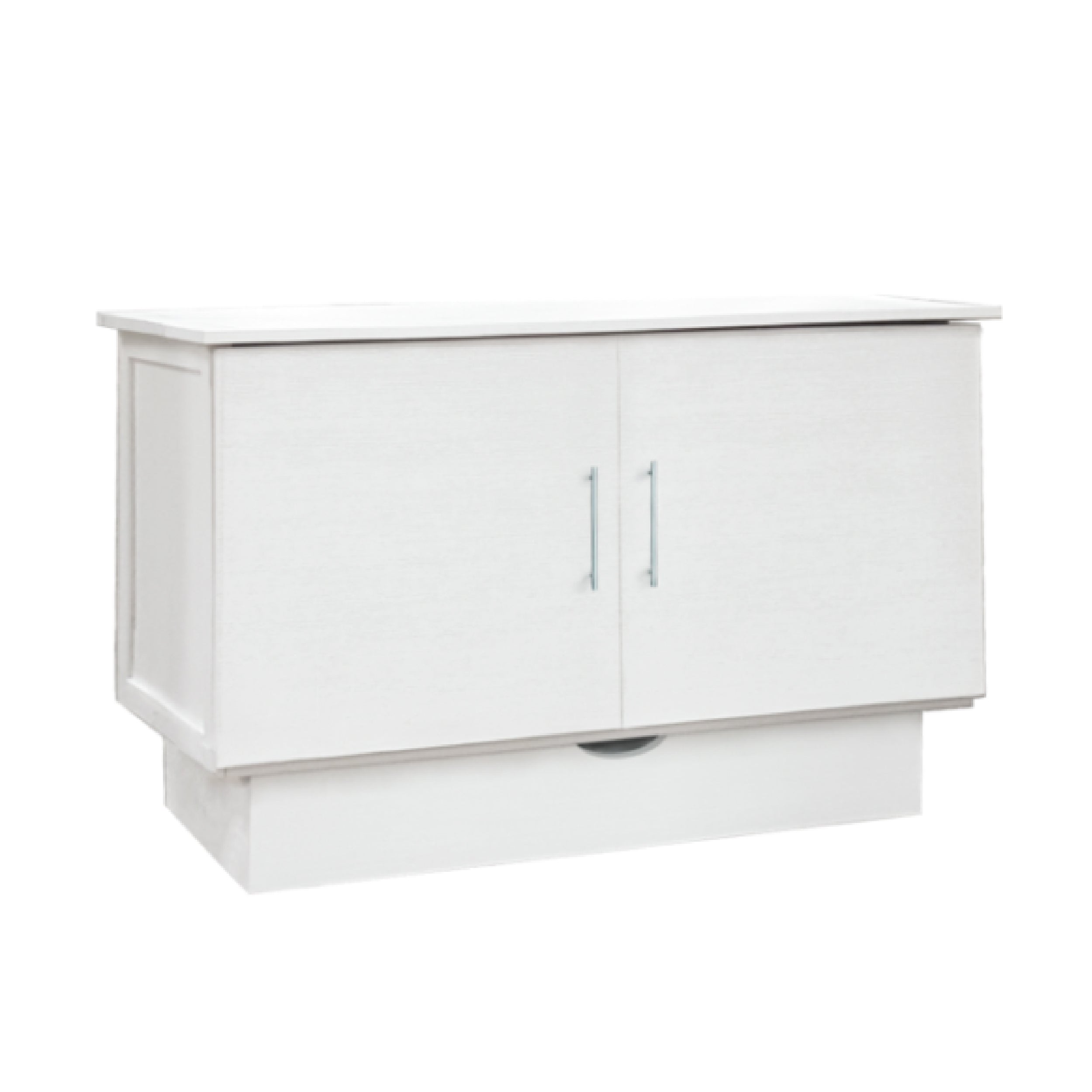 White cabinet bed with closed doors showing a modern and sleek design, with a subtle handle visible on the right door.