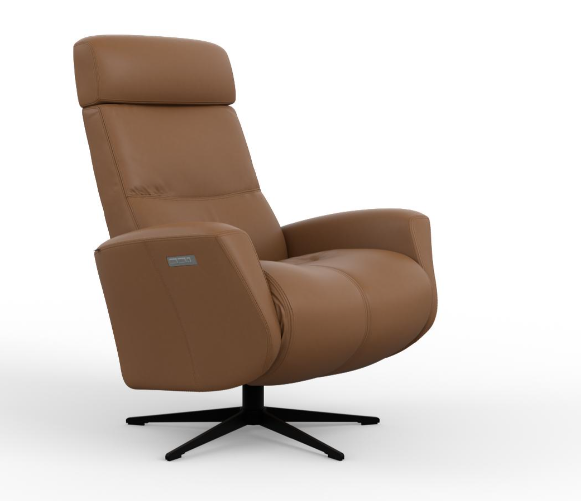 Brown recliner chair with a black base on a white background