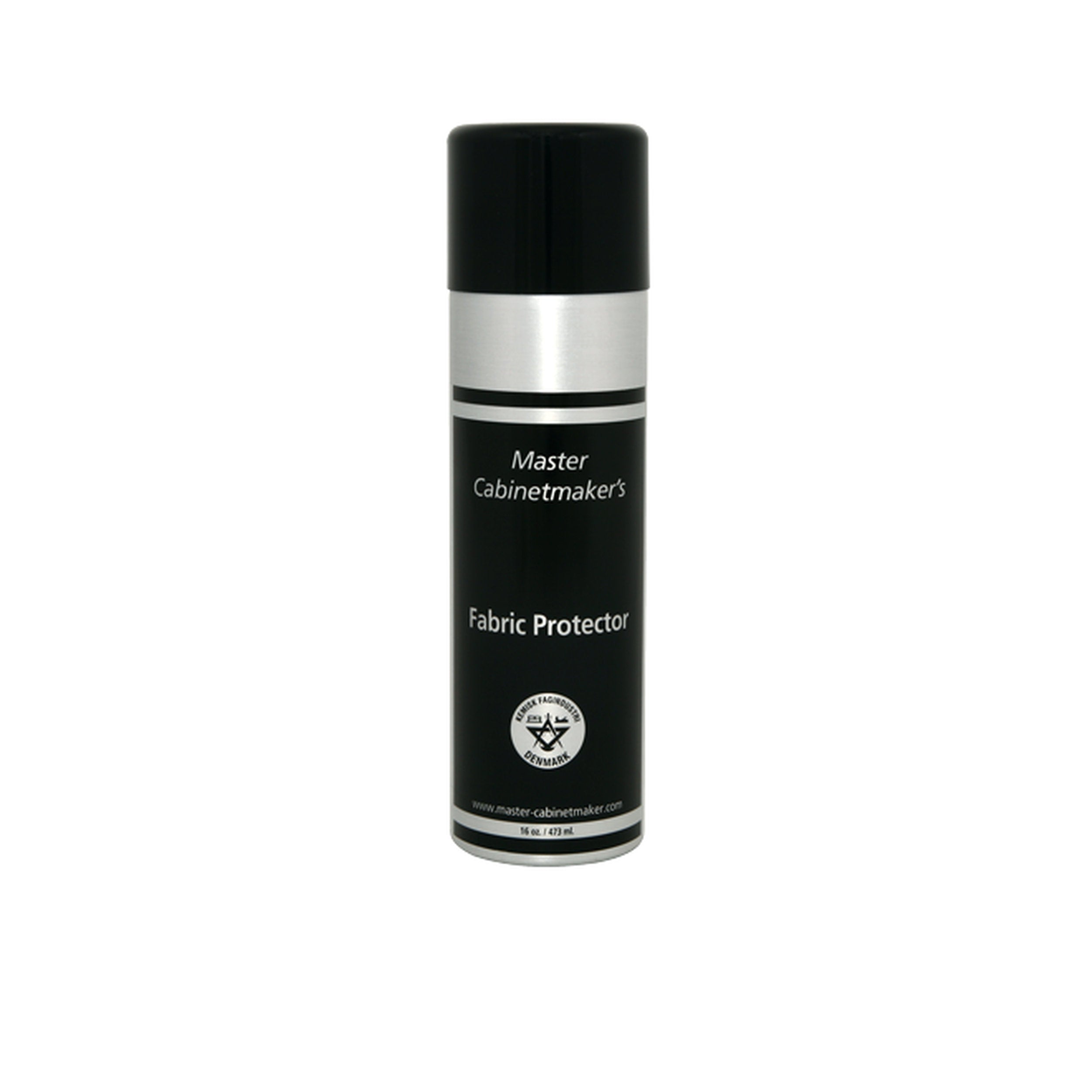 Black spray can labeled 'Master Cabinetmaker's Fabric Protector' on a white background