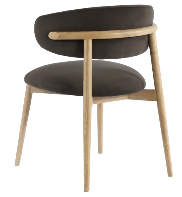 backview of a dining chair with wood frame but vinyl seat and back cushion. cushion black color and wood frame is a natural finish